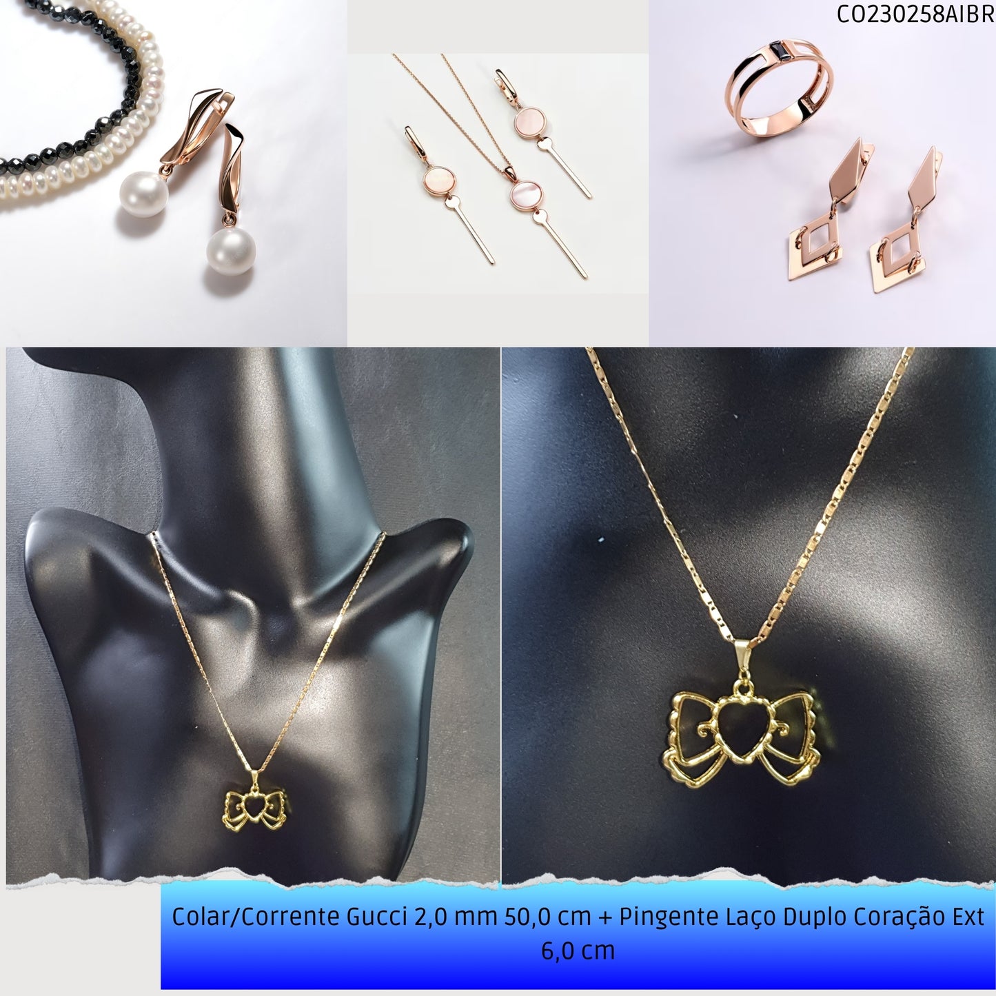 Colar/Corrente Gucci 2.0 mm 50.0 cm + Pingente Laço Duplo Coração Ext 6.0 cm   - Código.: CO230258AIBR  - Peso.: 7.6 gr