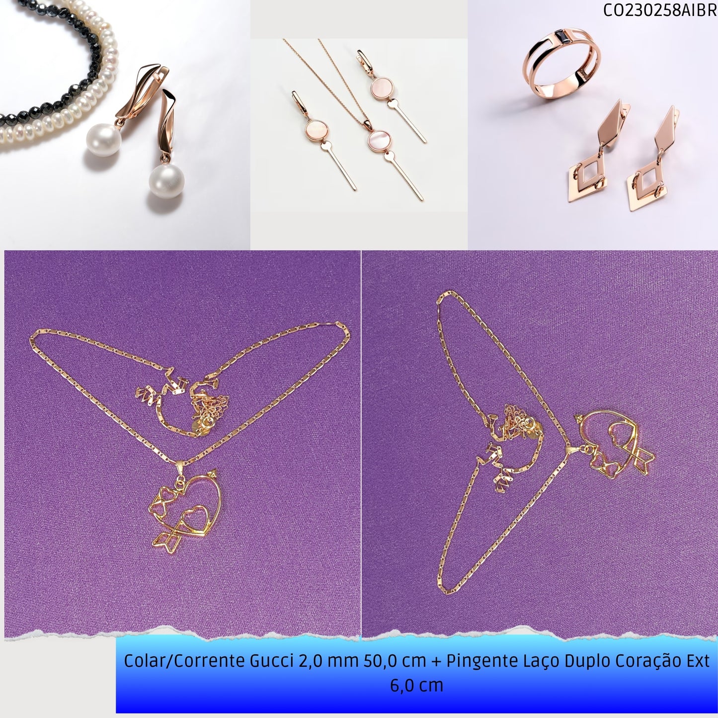 Colar/Corrente Gucci 2.0 mm 50.0 cm + Pingente Laço Duplo Coração Ext 6.0 cm   - Código.: CO230258AIBR  - Peso.: 7.6 gr