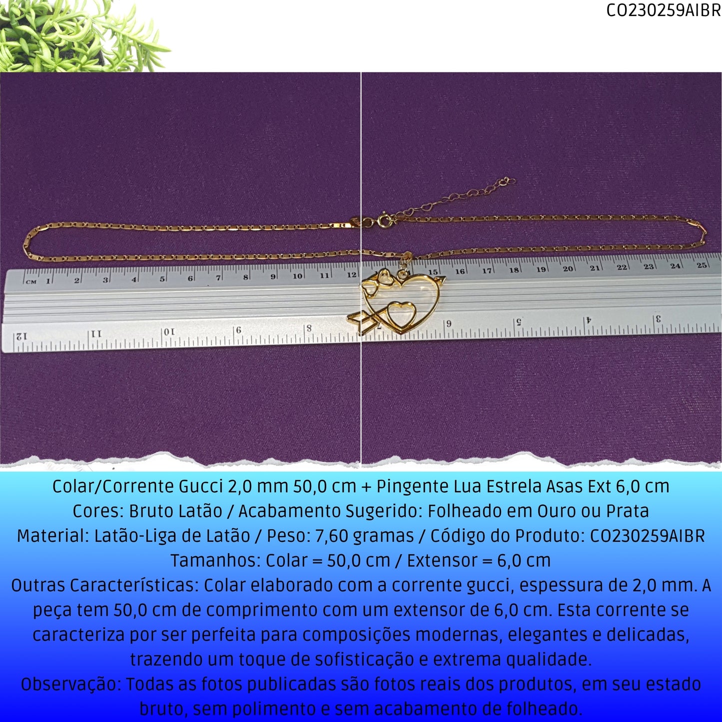 Colar/Corrente Gucci 2.0 mm 50.0 cm + Pingente Lua Estrela Asas Ext 6.0 cm   - Código.: CO230259AIBR  - Peso.: 7.6 gr