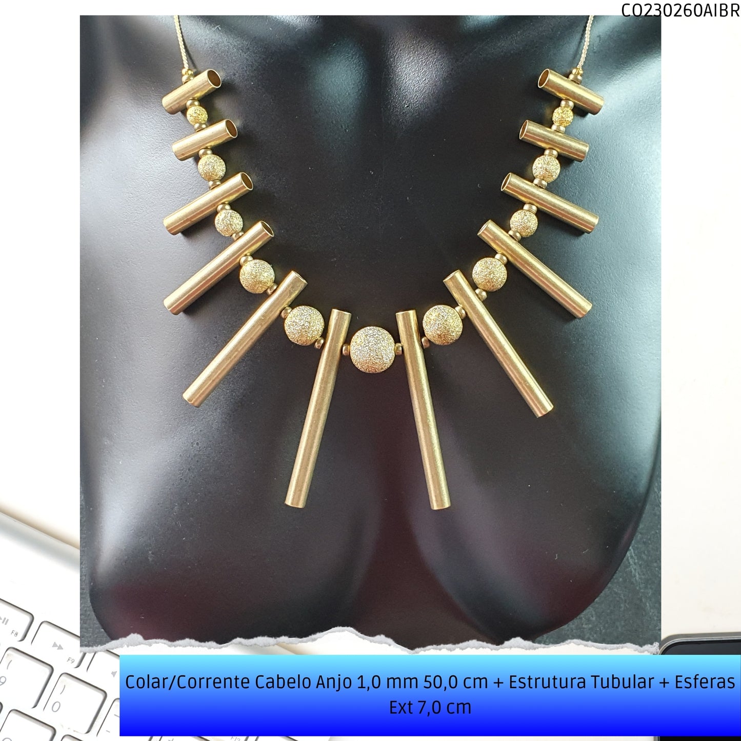 Colar/Corrente Cabelo Anjo 1.0 mm 50.0 cm + Estrutura Tubular + Esferas Ext 7.0 cm  - Código.: CO230260AIBR  - Peso.: 34.0 gr