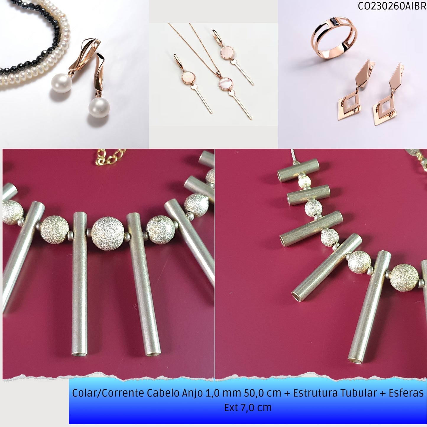 Colar/Corrente Cabelo Anjo 1.0 mm 50.0 cm + Estrutura Tubular + Esferas Ext 7.0 cm  - Código.: CO230260AIBR  - Peso.: 34.0 gr