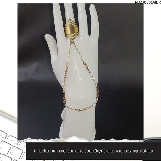 Pulseira com Anel Corrente Coração/Pérolas Anel Losango Raiado  - Código.: PU230001AIBR  - Peso.: 7.3 gr