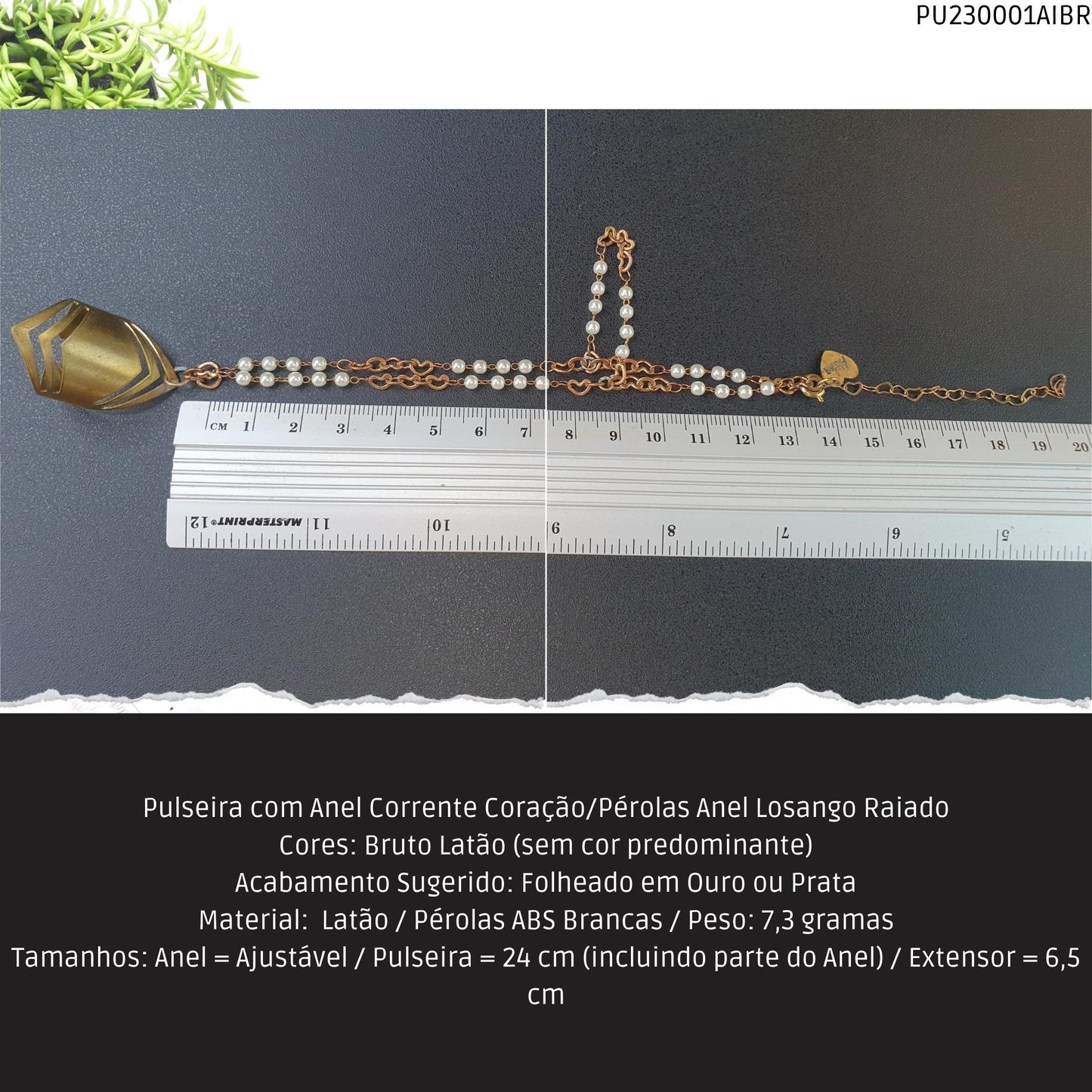 Pulseira com Anel Corrente Coração/Pérolas Anel Losango Raiado  - Código.: PU230001AIBR  - Peso.: 7.3 gr