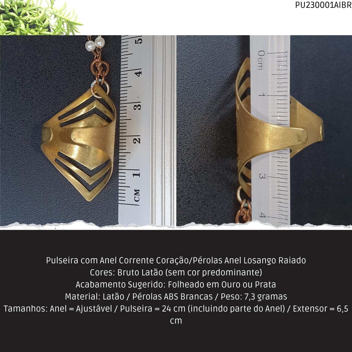 Pulseira com Anel Corrente Coração/Pérolas Anel Losango Raiado  - Código.: PU230001AIBR  - Peso.: 7.3 gr