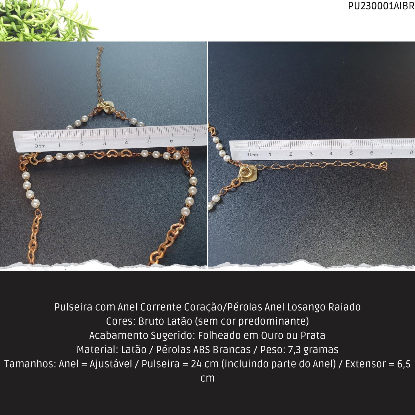 Pulseira com Anel Corrente Coração/Pérolas Anel Losango Raiado  - Código.: PU230001AIBR  - Peso.: 7.3 gr