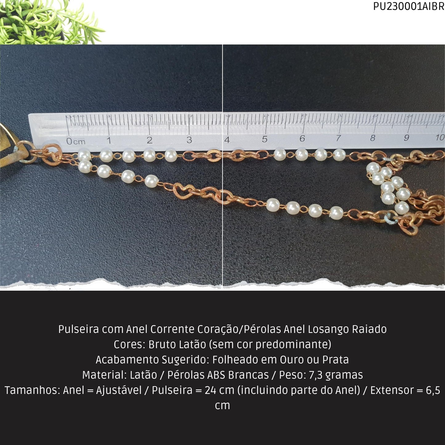 Pulseira com Anel Corrente Coração/Pérolas Anel Losango Raiado  - Código.: PU230001AIBR  - Peso.: 7.3 gr