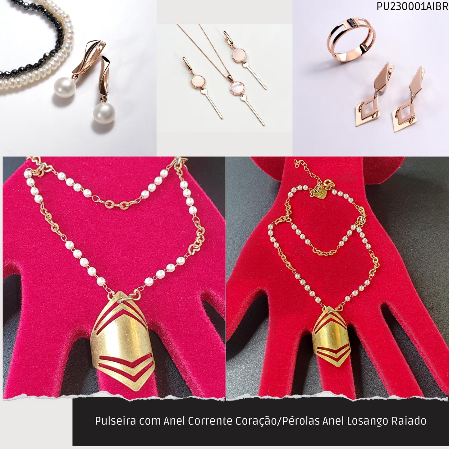 Pulseira com Anel Corrente Coração/Pérolas Anel Losango Raiado  - Código.: PU230001AIBR  - Peso.: 7.3 gr
