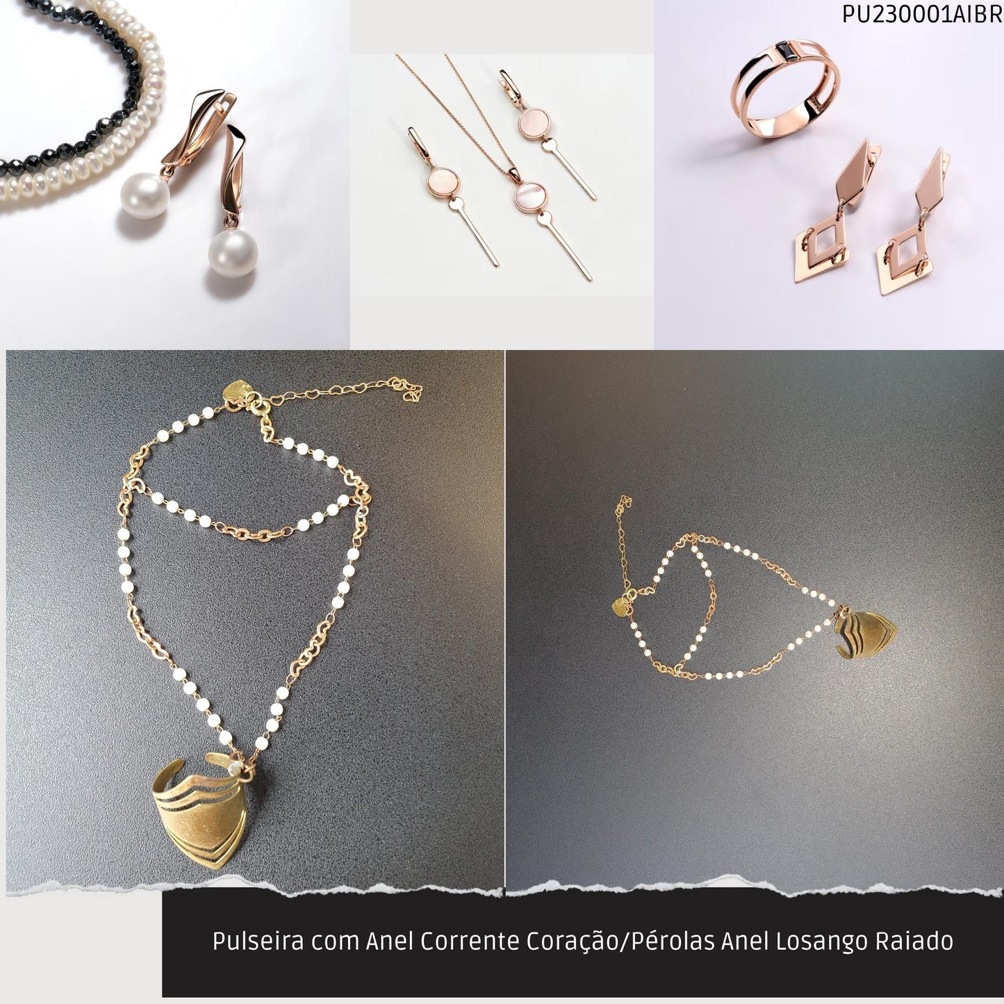Pulseira com Anel Corrente Coração/Pérolas Anel Losango Raiado  - Código.: PU230001AIBR  - Peso.: 7.3 gr