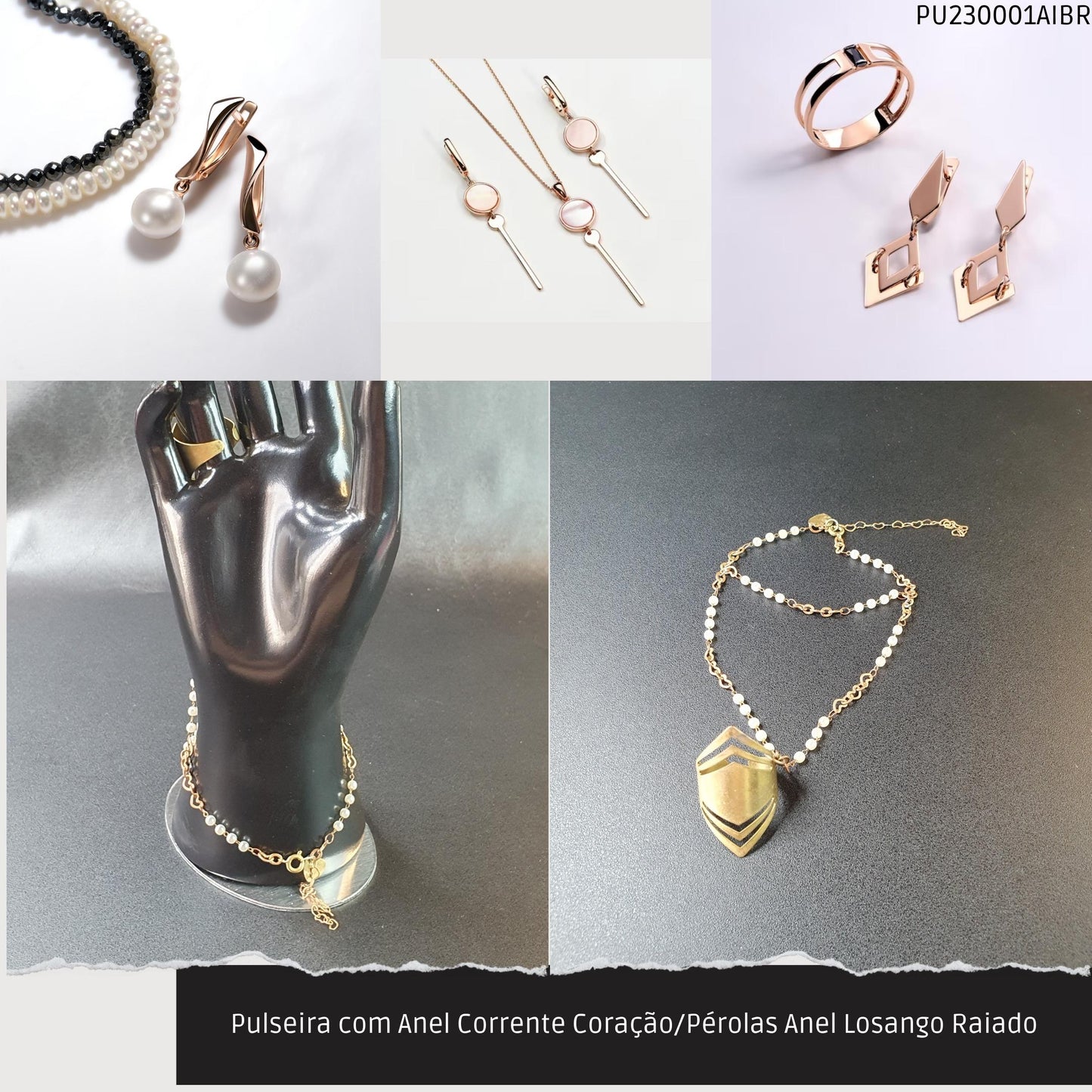 Pulseira com Anel Corrente Coração/Pérolas Anel Losango Raiado  - Código.: PU230001AIBR  - Peso.: 7.3 gr