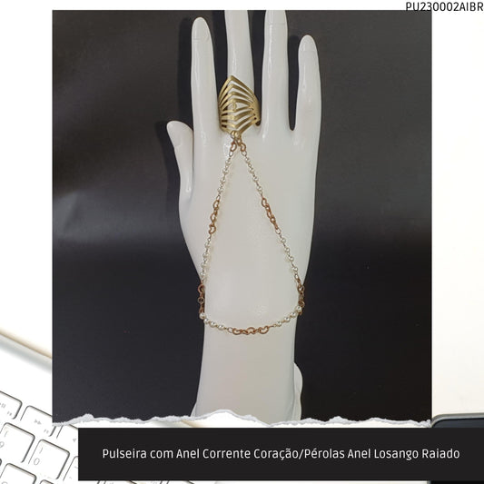 Pulseira com Anel Corrente Coração/Pérolas Anel Losango Raiado  - Código.: PU230002AIBR  - Peso.: 6.9 gr