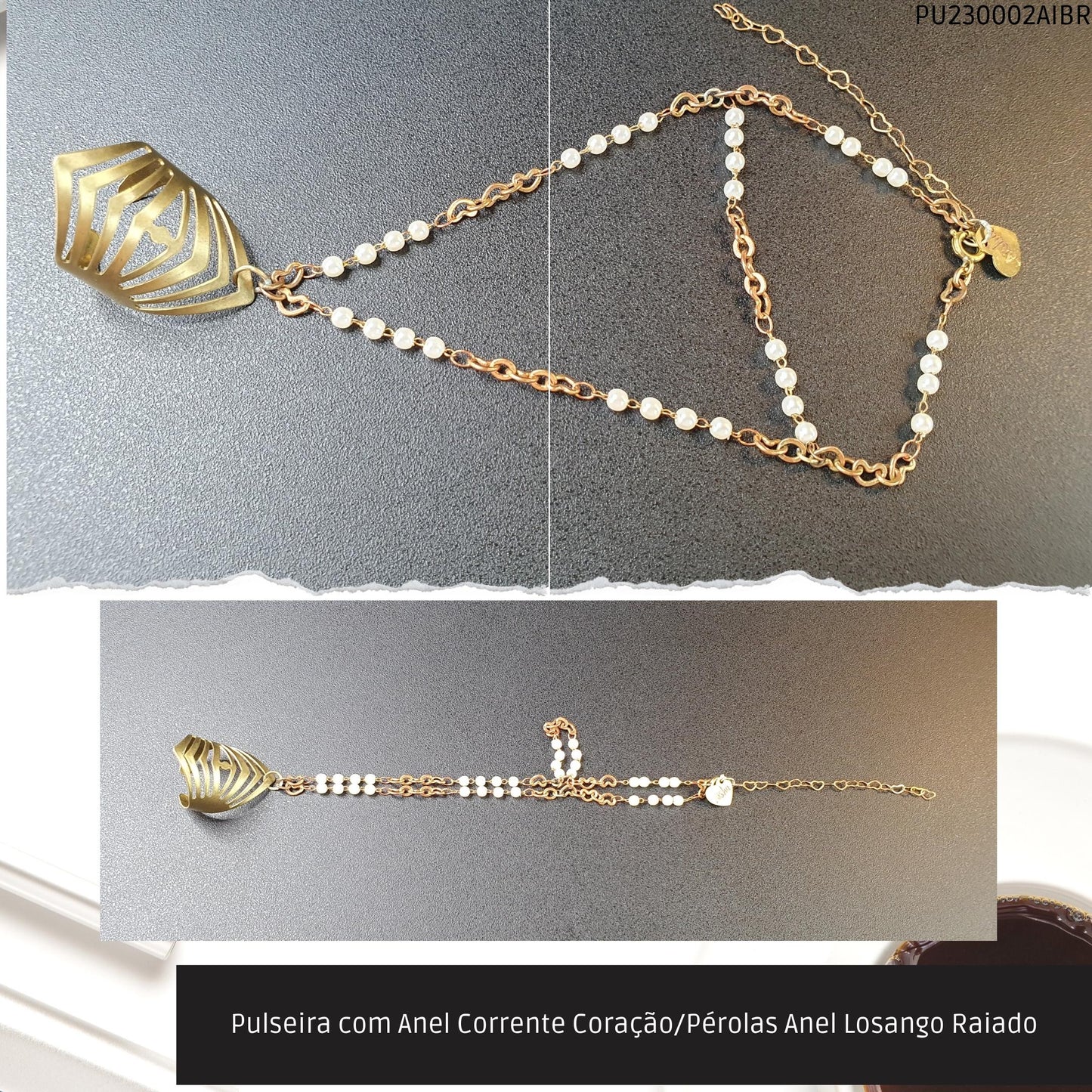 Pulseira com Anel Corrente Coração/Pérolas Anel Losango Raiado  - Código.: PU230002AIBR  - Peso.: 6.9 gr