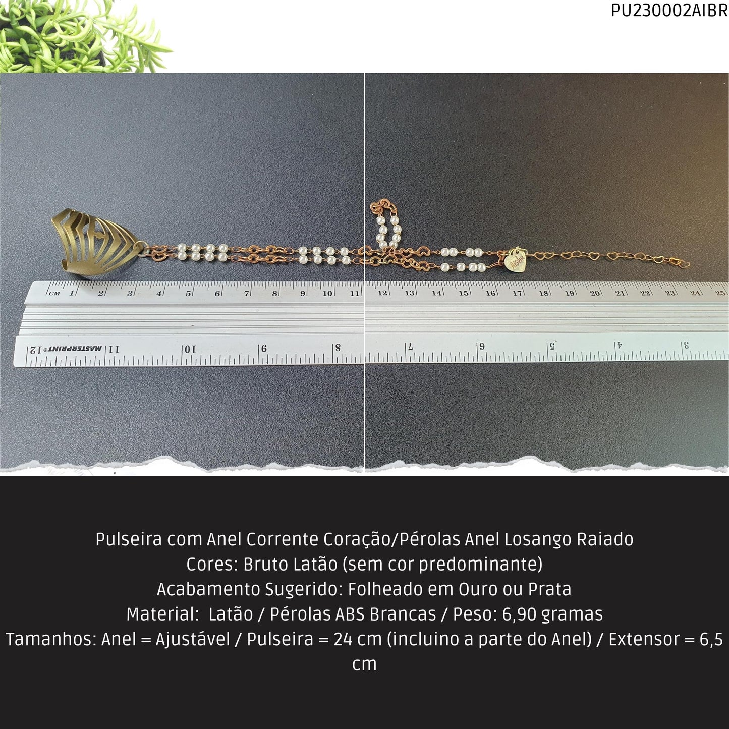 Pulseira com Anel Corrente Coração/Pérolas Anel Losango Raiado  - Código.: PU230002AIBR  - Peso.: 6.9 gr
