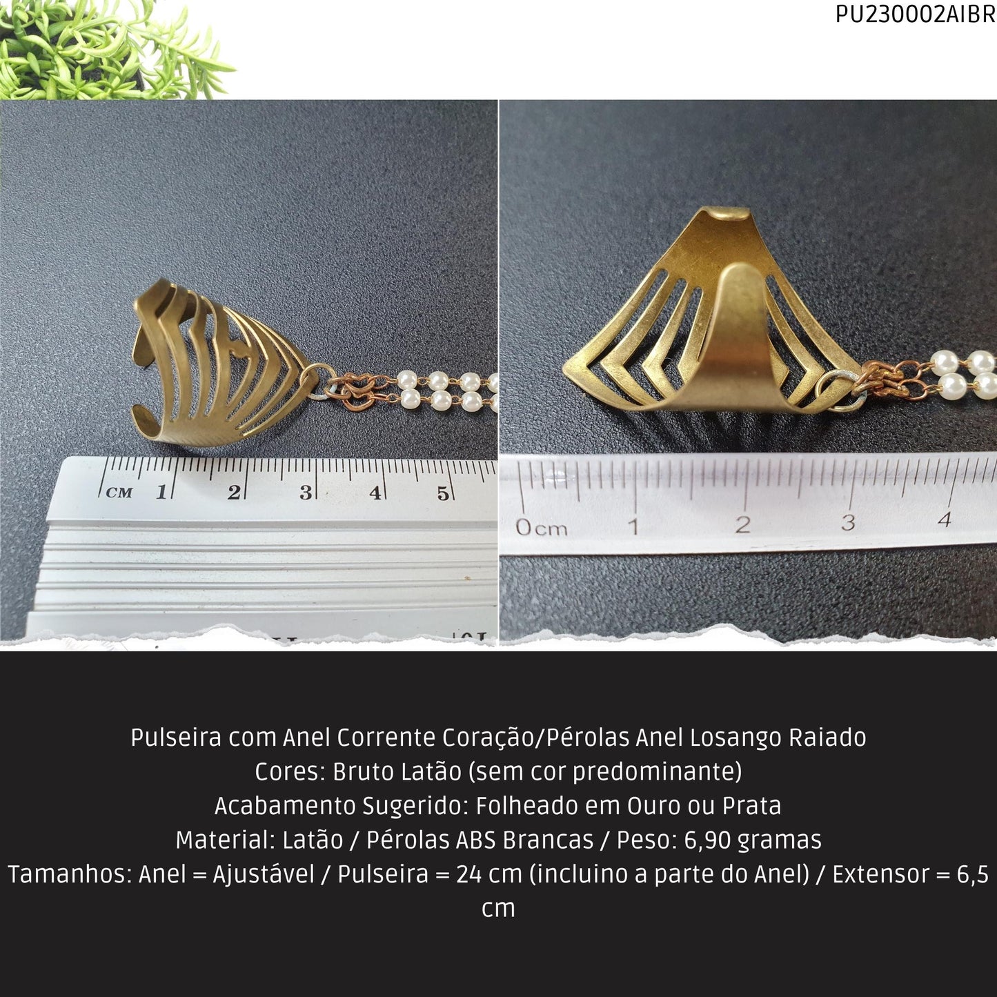 Pulseira com Anel Corrente Coração/Pérolas Anel Losango Raiado  - Código.: PU230002AIBR  - Peso.: 6.9 gr