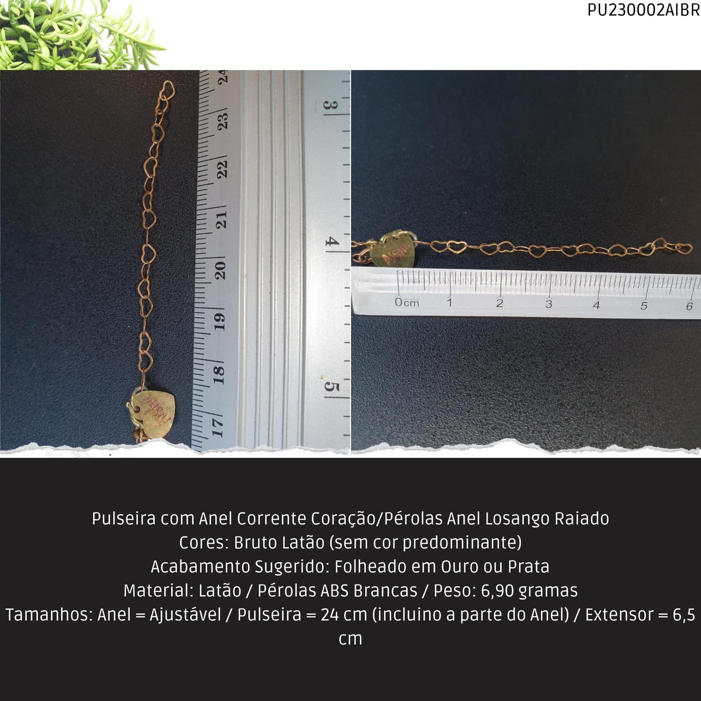 Pulseira com Anel Corrente Coração/Pérolas Anel Losango Raiado  - Código.: PU230002AIBR  - Peso.: 6.9 gr