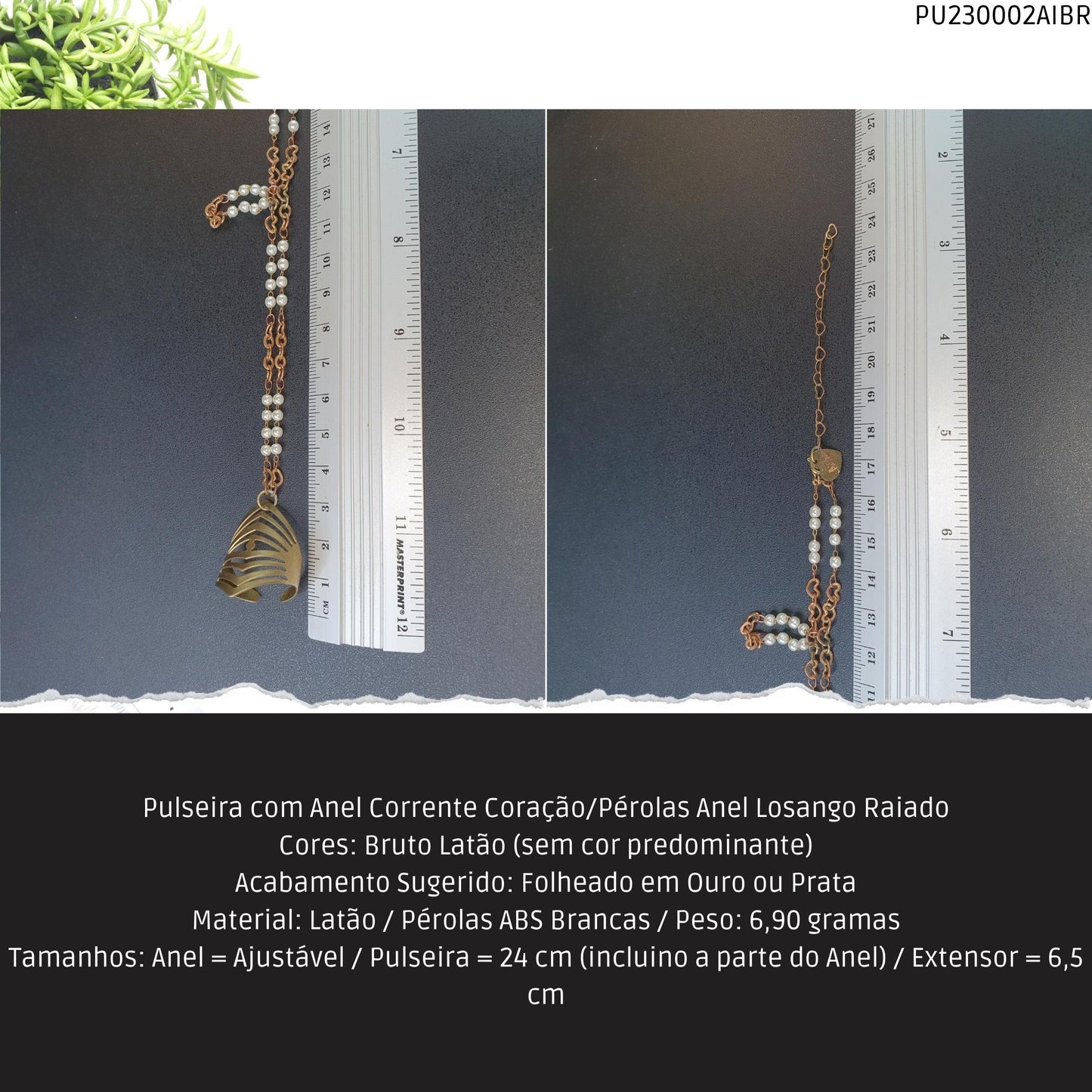 Pulseira com Anel Corrente Coração/Pérolas Anel Losango Raiado  - Código.: PU230002AIBR  - Peso.: 6.9 gr