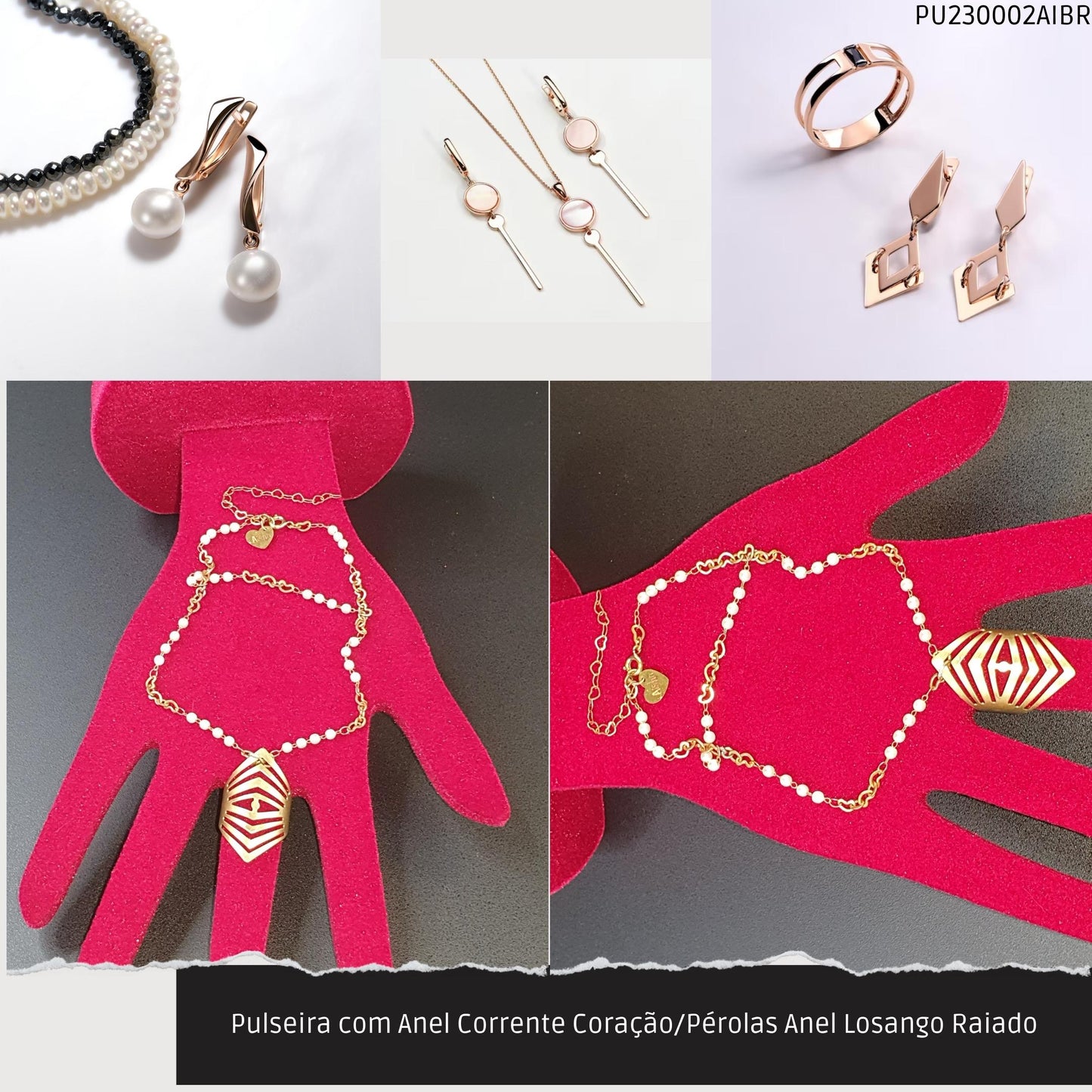 Pulseira com Anel Corrente Coração/Pérolas Anel Losango Raiado  - Código.: PU230002AIBR  - Peso.: 6.9 gr