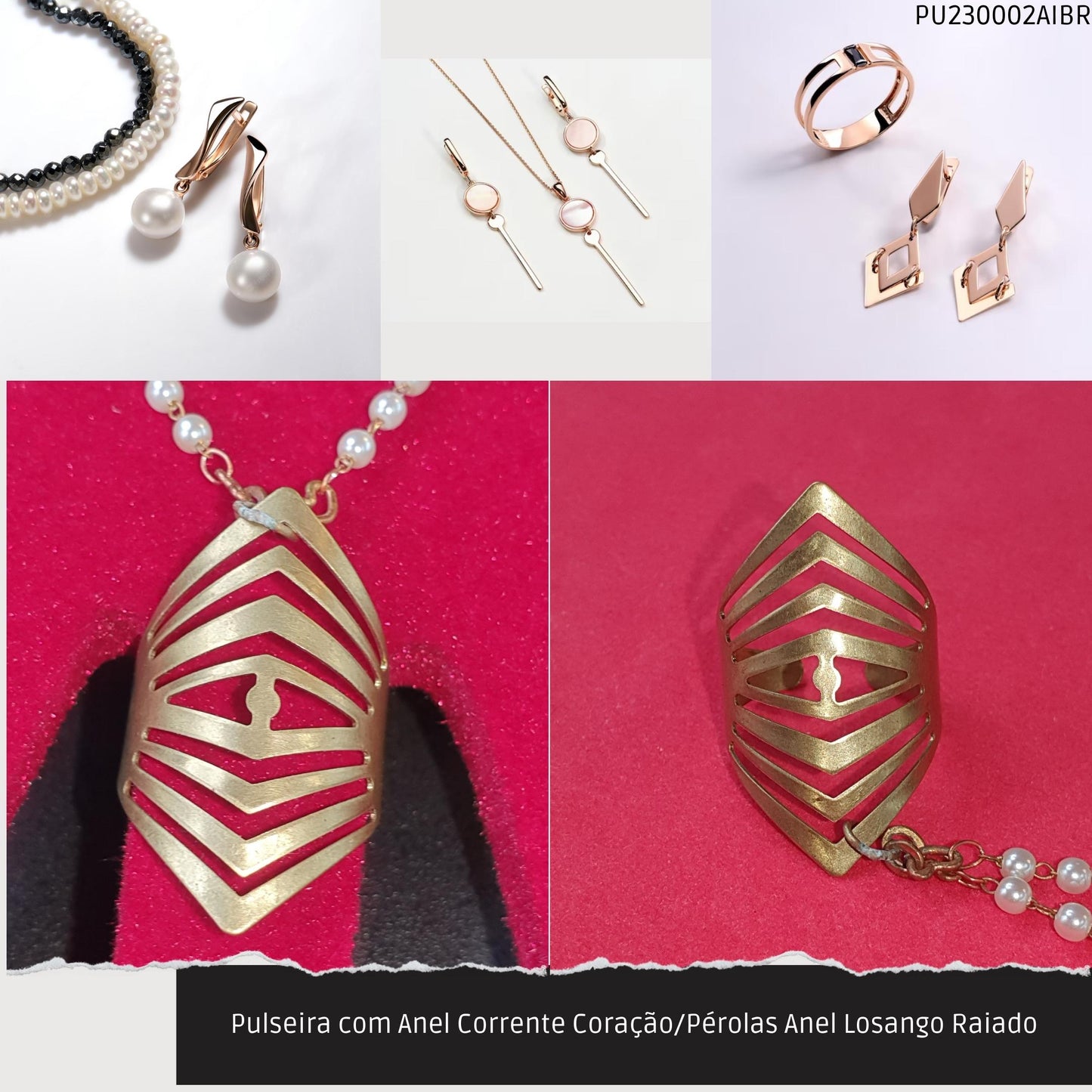 Pulseira com Anel Corrente Coração/Pérolas Anel Losango Raiado  - Código.: PU230002AIBR  - Peso.: 6.9 gr