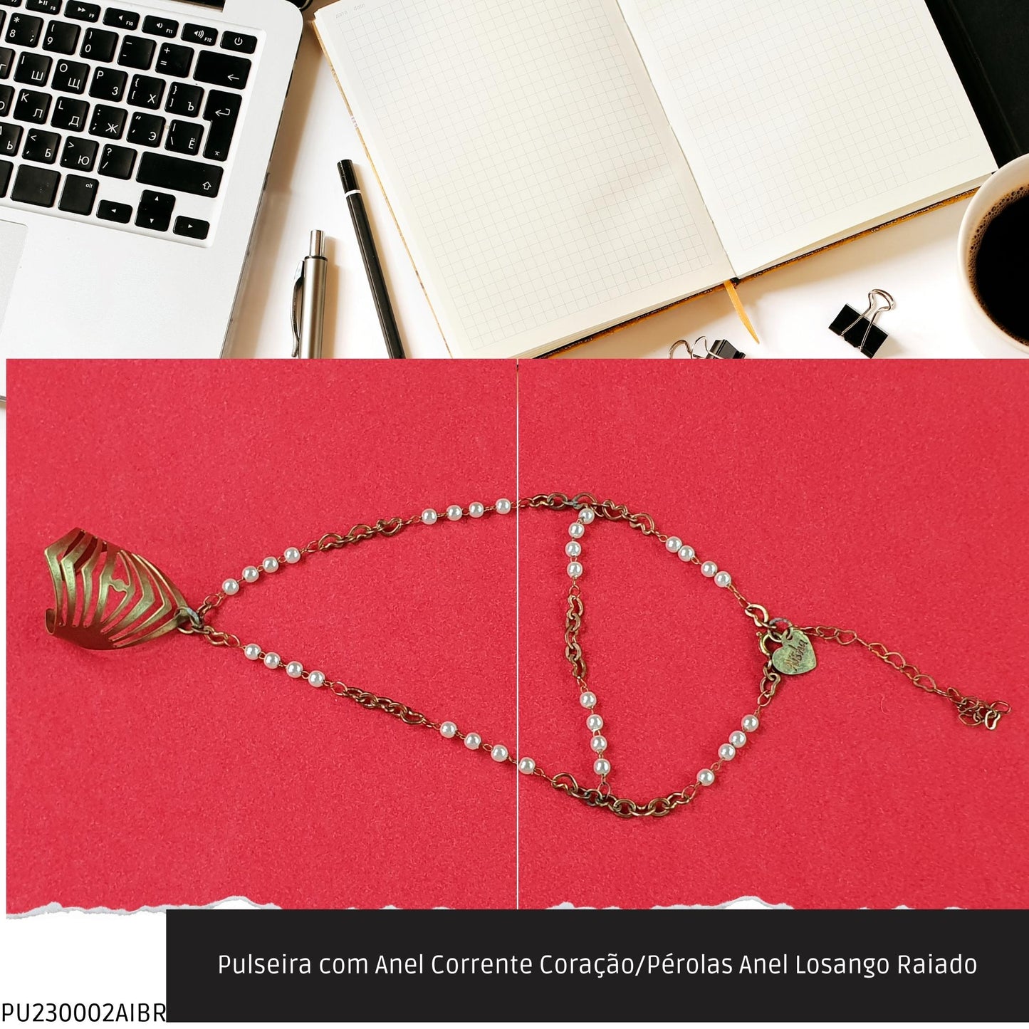 Pulseira com Anel Corrente Coração/Pérolas Anel Losango Raiado  - Código.: PU230002AIBR  - Peso.: 6.9 gr