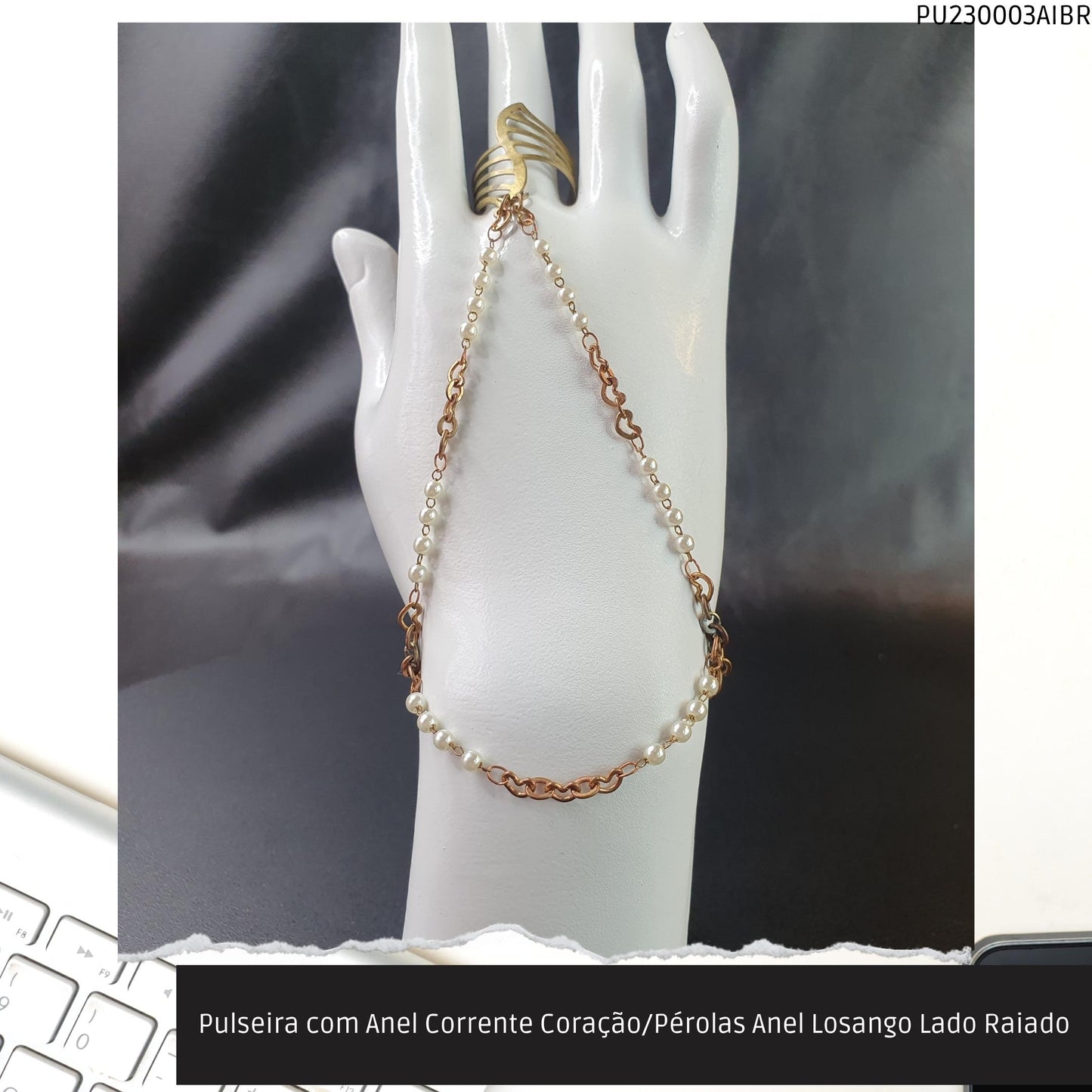 Pulseira com Anel Corrente Coração/Pérolas Anel Losango Lado Raiado  - Código.: PU230003AIBR  - Peso.: 6.3 gr