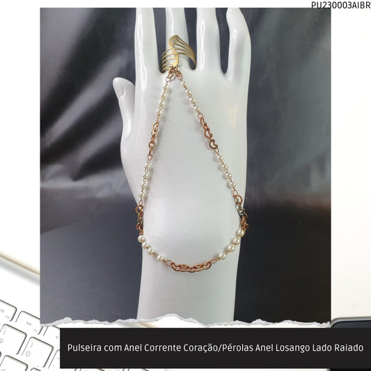 Pulseira com Anel Corrente Coração/Pérolas Anel Losango Lado Raiado  - Código.: PU230003AIBR  - Peso.: 6.3 gr