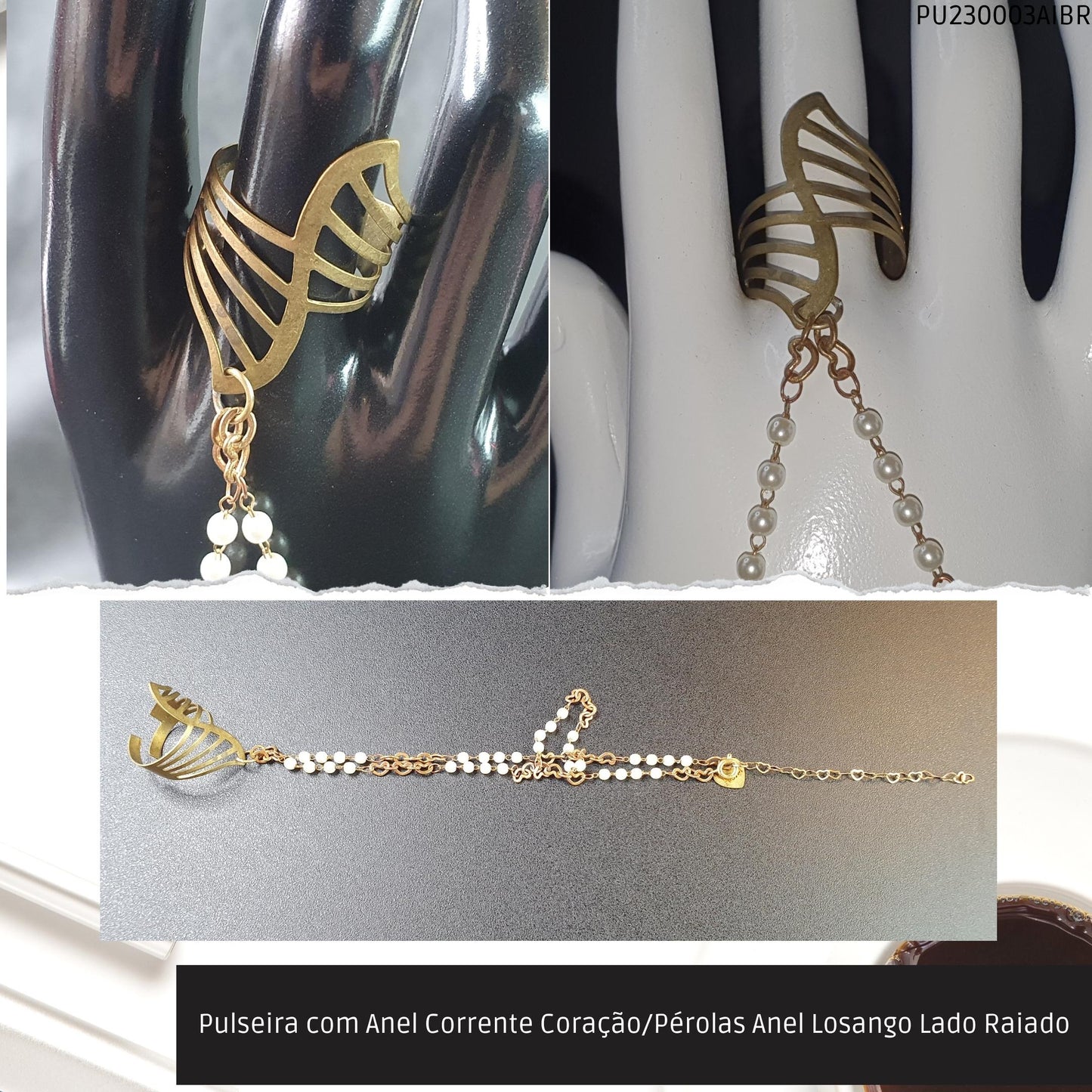Pulseira com Anel Corrente Coração/Pérolas Anel Losango Lado Raiado  - Código.: PU230003AIBR  - Peso.: 6.3 gr
