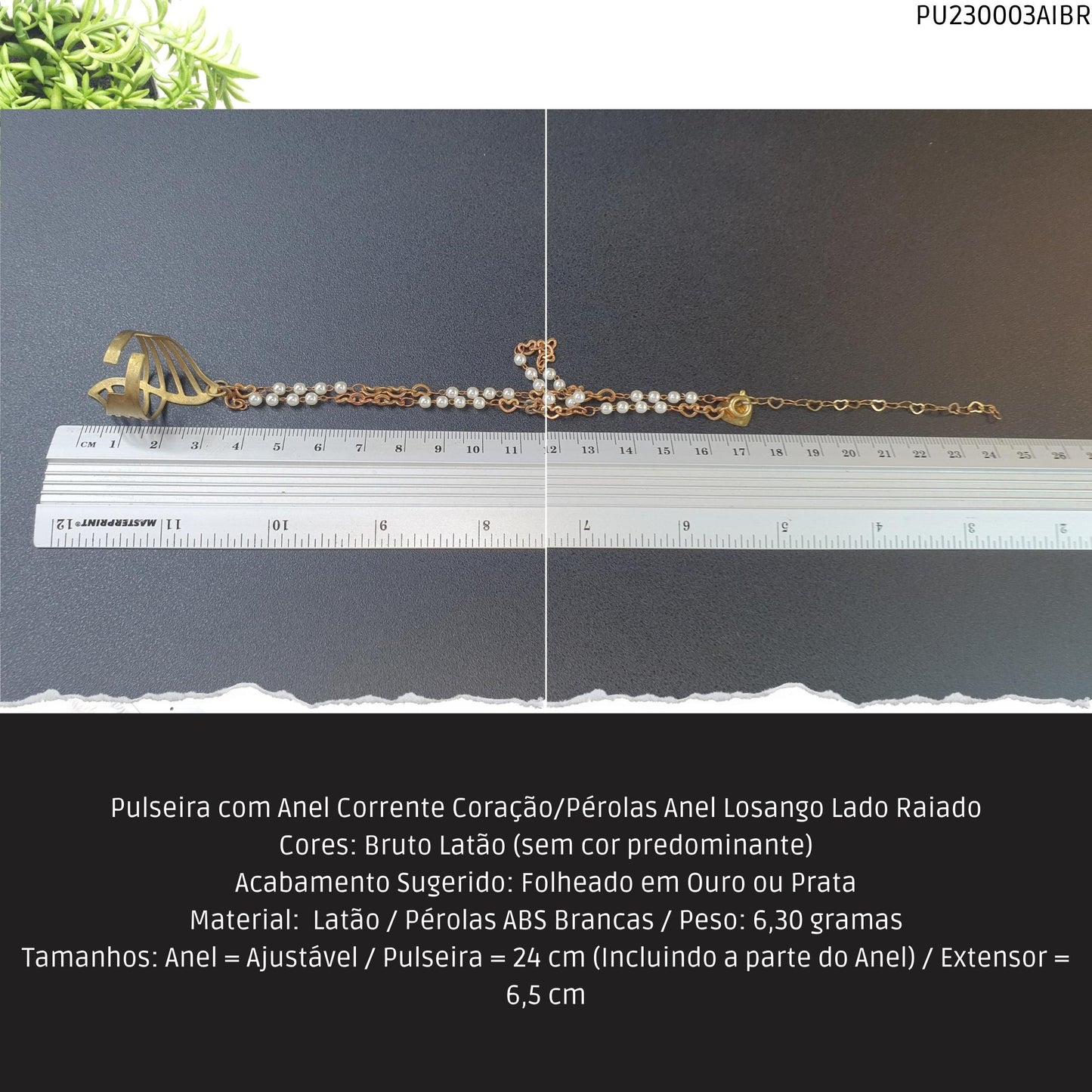 Pulseira com Anel Corrente Coração/Pérolas Anel Losango Lado Raiado  - Código.: PU230003AIBR  - Peso.: 6.3 gr