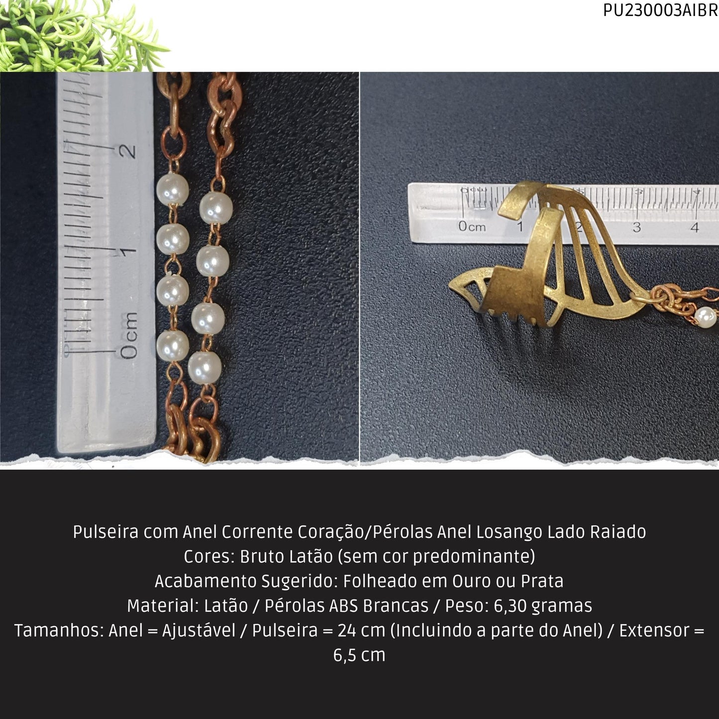 Pulseira com Anel Corrente Coração/Pérolas Anel Losango Lado Raiado  - Código.: PU230003AIBR  - Peso.: 6.3 gr