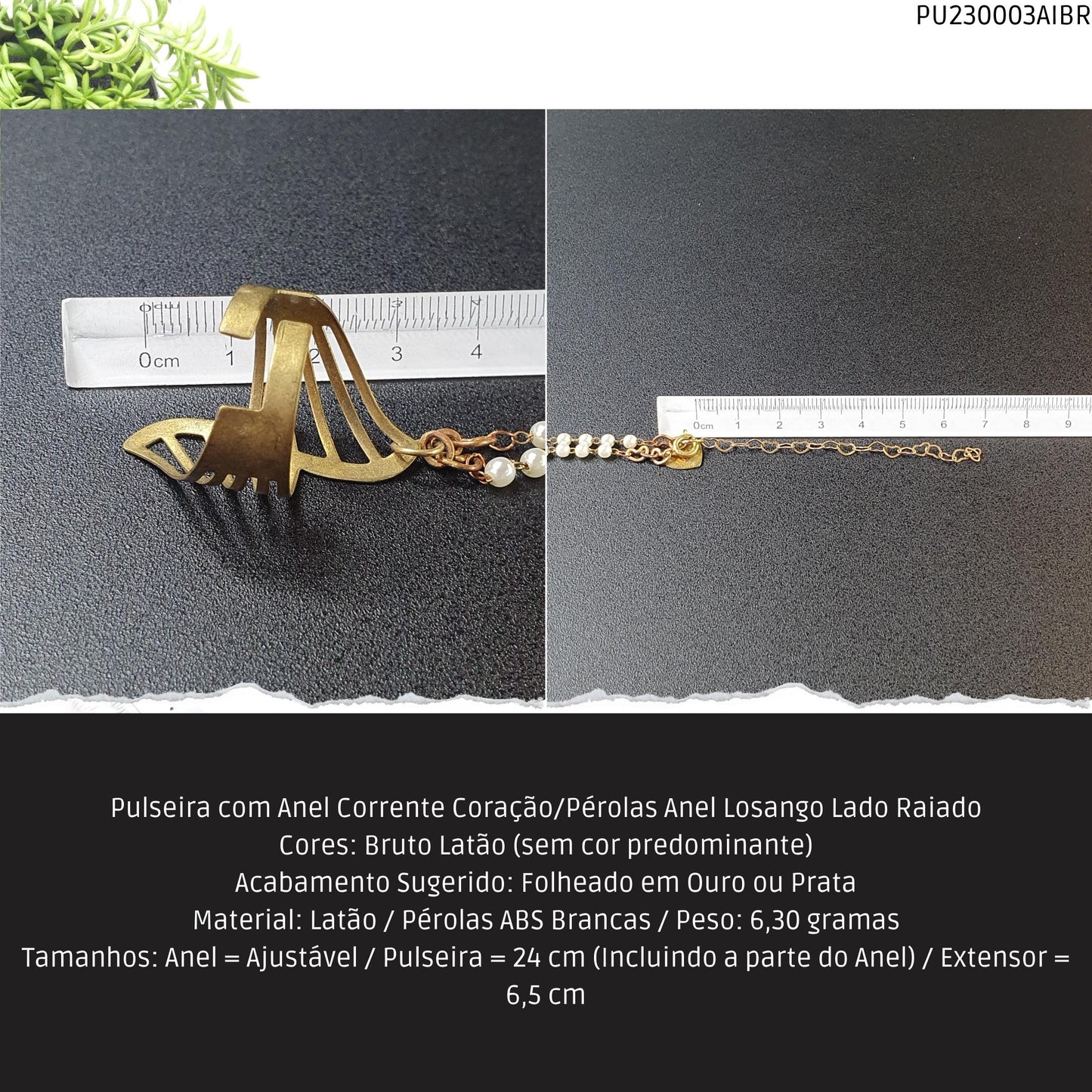 Pulseira com Anel Corrente Coração/Pérolas Anel Losango Lado Raiado  - Código.: PU230003AIBR  - Peso.: 6.3 gr