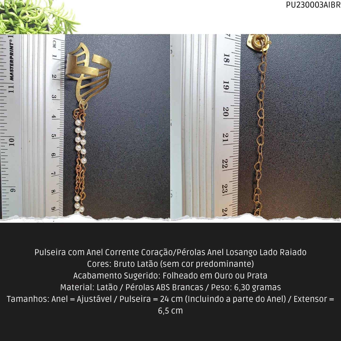 Pulseira com Anel Corrente Coração/Pérolas Anel Losango Lado Raiado  - Código.: PU230003AIBR  - Peso.: 6.3 gr