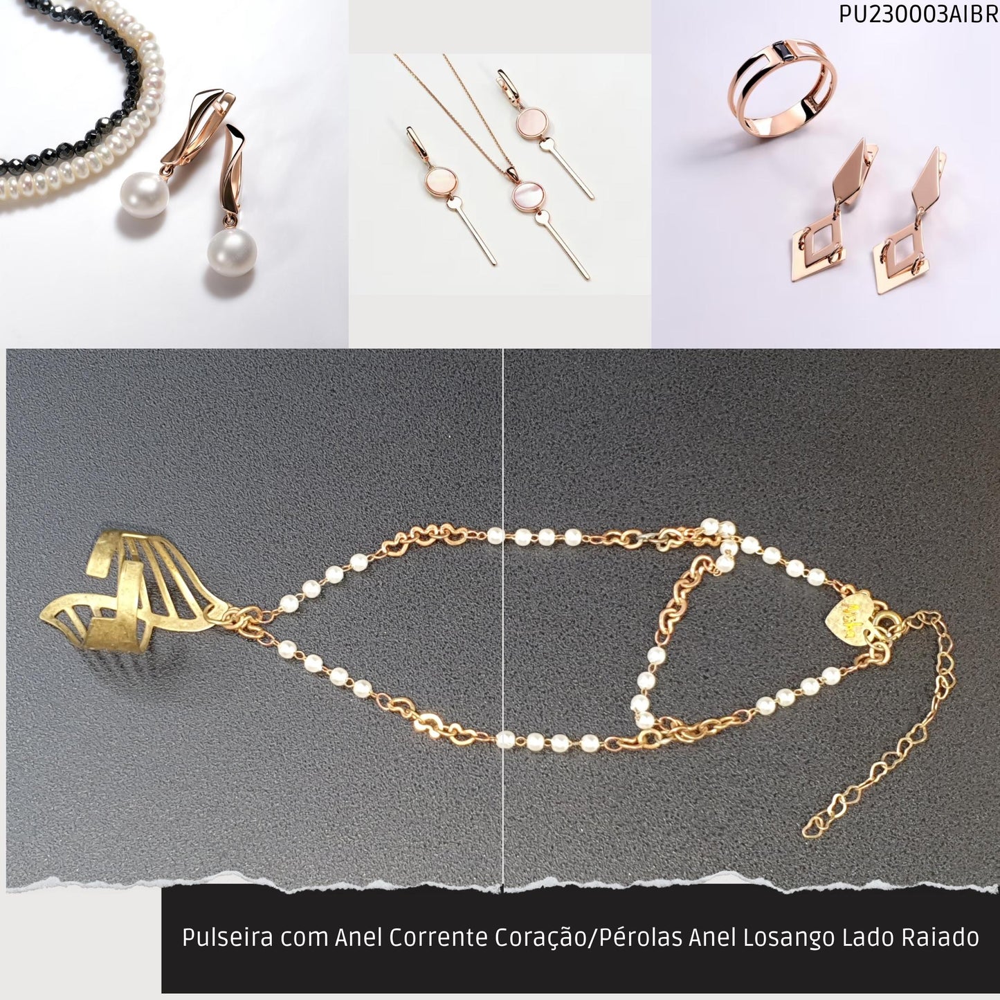 Pulseira com Anel Corrente Coração/Pérolas Anel Losango Lado Raiado  - Código.: PU230003AIBR  - Peso.: 6.3 gr