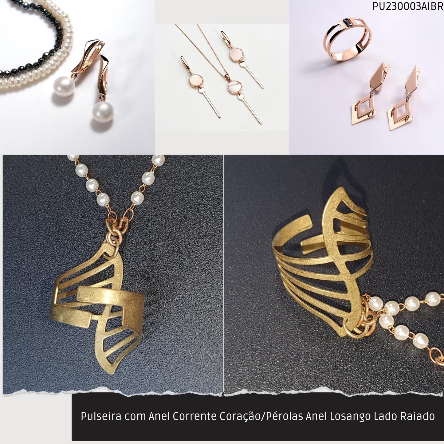Pulseira com Anel Corrente Coração/Pérolas Anel Losango Lado Raiado  - Código.: PU230003AIBR  - Peso.: 6.3 gr