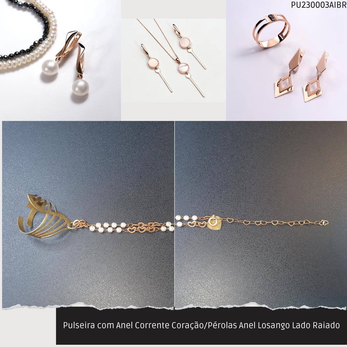 Pulseira com Anel Corrente Coração/Pérolas Anel Losango Lado Raiado  - Código.: PU230003AIBR  - Peso.: 6.3 gr