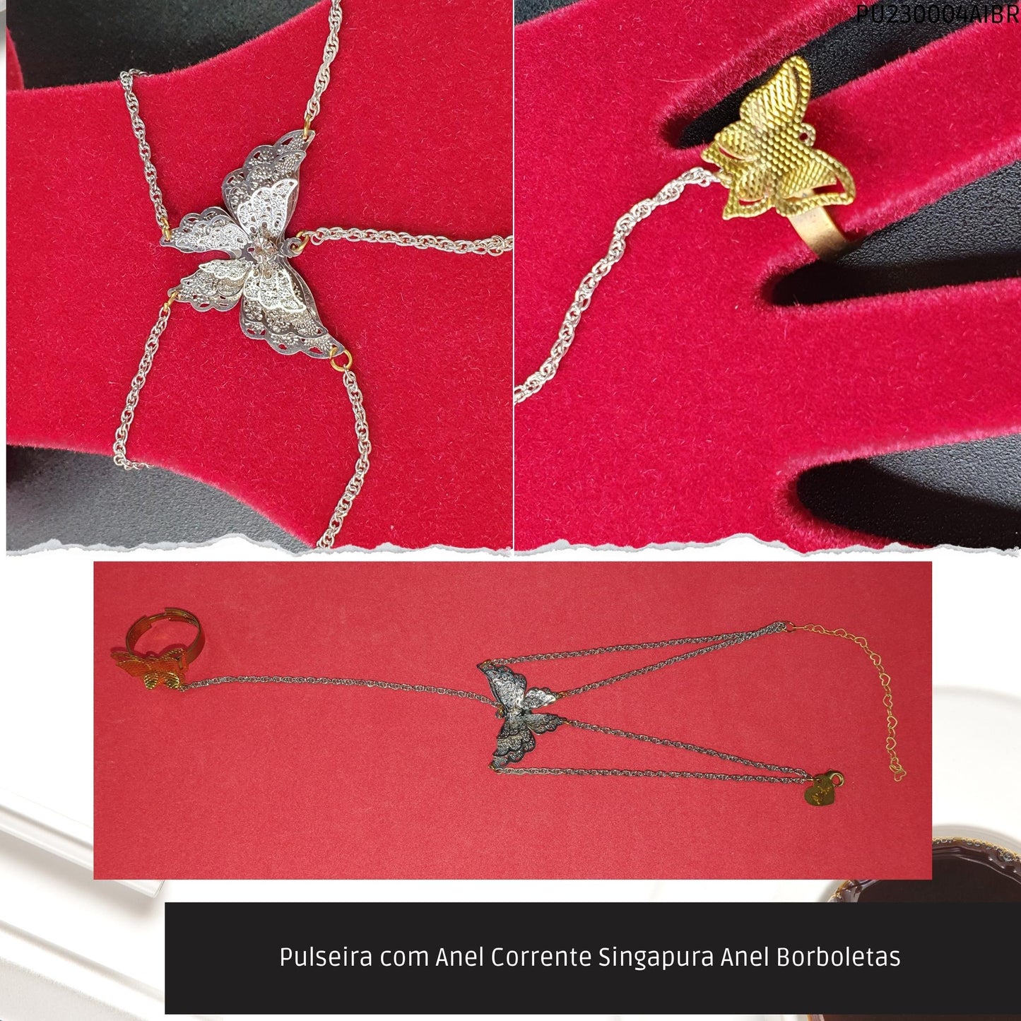 Pulseira com Anel Corrente Singapura Anel Borboletas   - Código.: PU230004AIBR  - Peso.: 7.4 gr