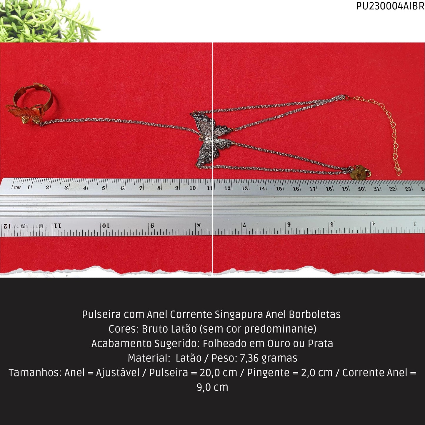 Pulseira com Anel Corrente Singapura Anel Borboletas   - Código.: PU230004AIBR  - Peso.: 7.4 gr