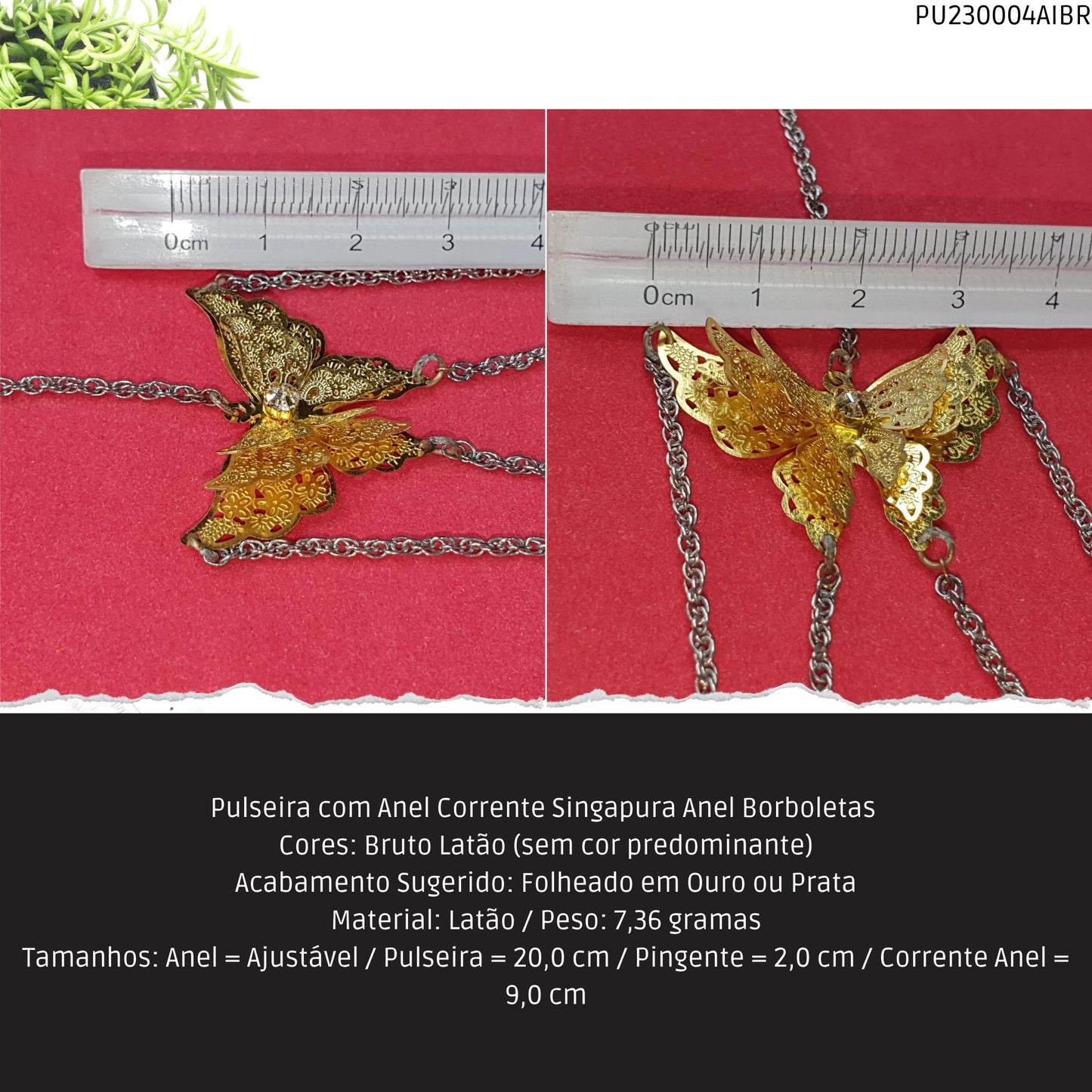 Pulseira com Anel Corrente Singapura Anel Borboletas   - Código.: PU230004AIBR  - Peso.: 7.4 gr