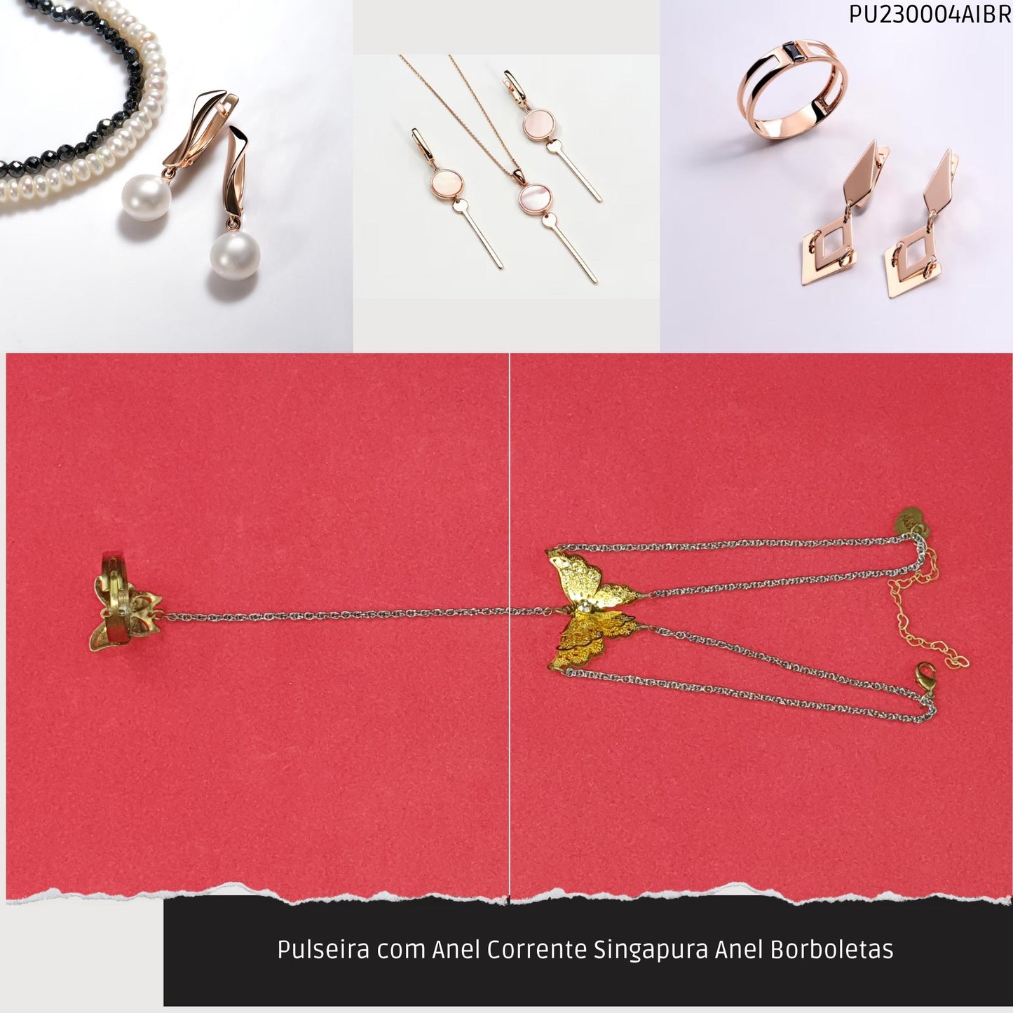 Pulseira com Anel Corrente Singapura Anel Borboletas   - Código.: PU230004AIBR  - Peso.: 7.4 gr