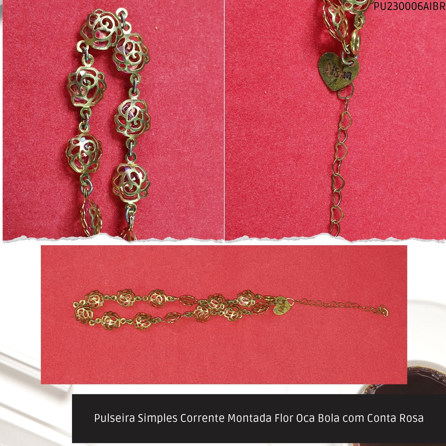 Pulseira Simples Corrente Montada Flor Oca Bola com Conta Rosa  - Código.: PU230006AIBR  - Peso.: 6.0 gr