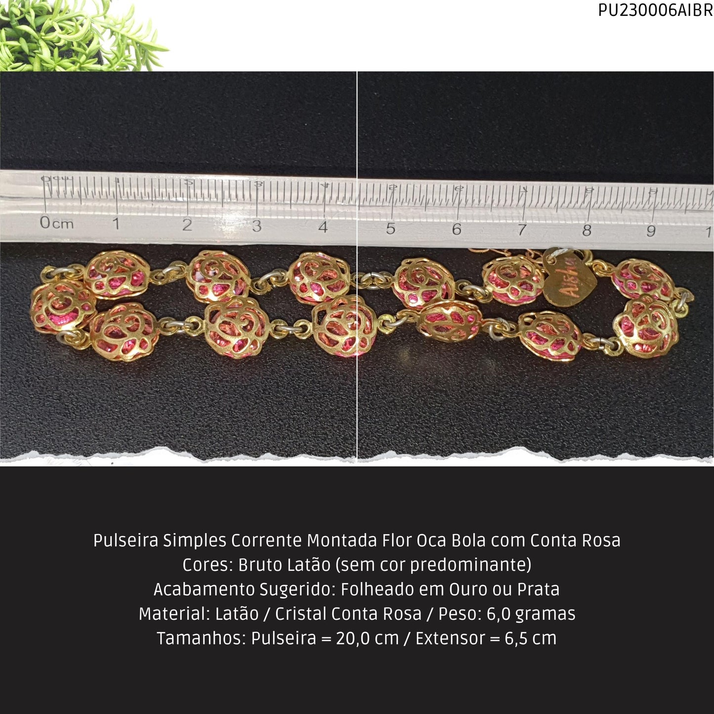 Pulseira Simples Corrente Montada Flor Oca Bola com Conta Rosa  - Código.: PU230006AIBR  - Peso.: 6.0 gr