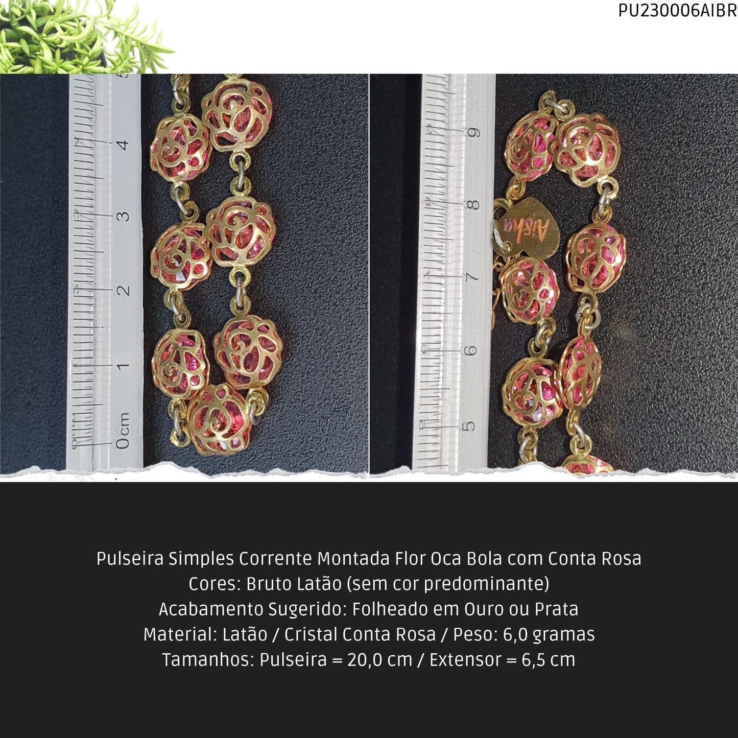 Pulseira Simples Corrente Montada Flor Oca Bola com Conta Rosa  - Código.: PU230006AIBR  - Peso.: 6.0 gr