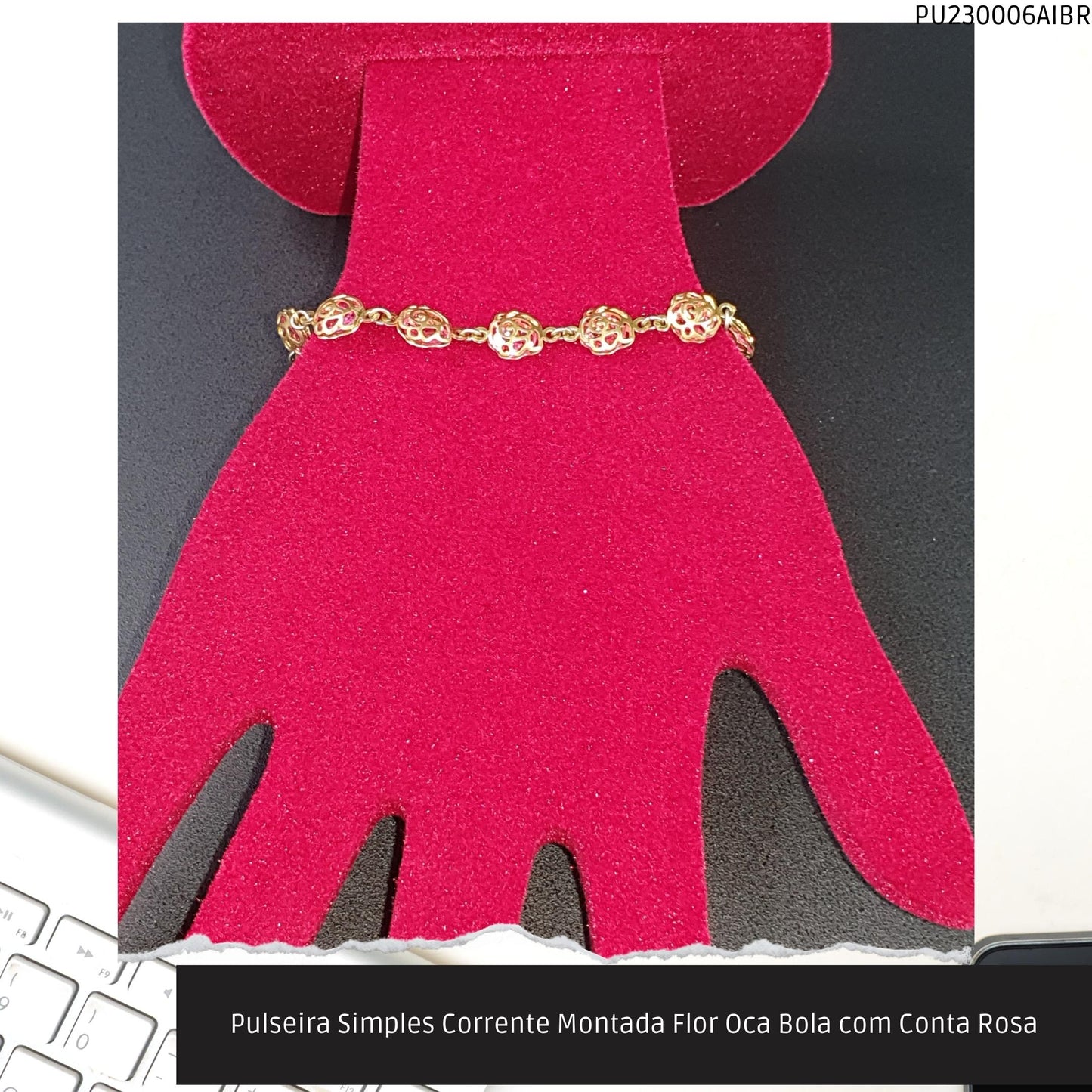 Pulseira Simples Corrente Montada Flor Oca Bola com Conta Rosa  - Código.: PU230006AIBR  - Peso.: 6.0 gr