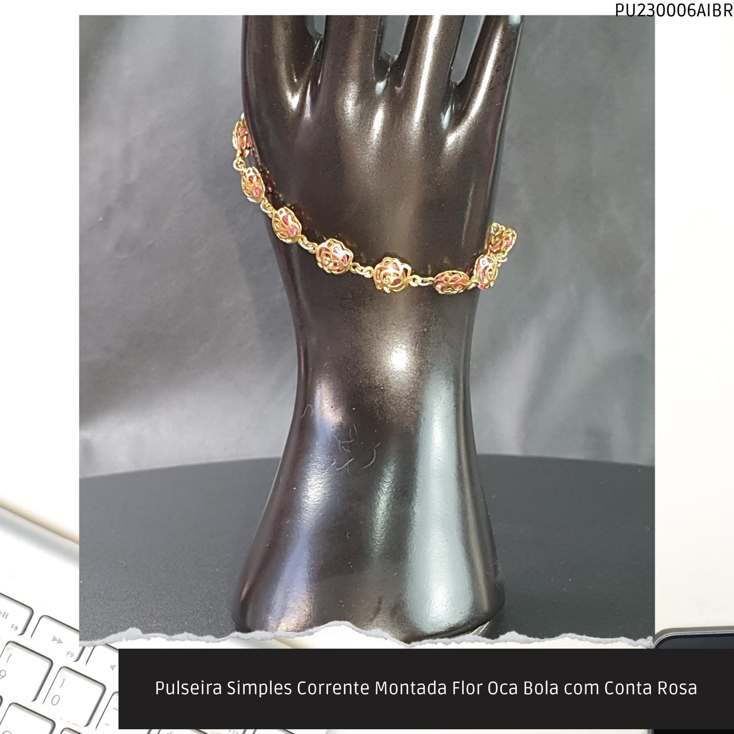 Pulseira Simples Corrente Montada Flor Oca Bola com Conta Rosa  - Código.: PU230006AIBR  - Peso.: 6.0 gr