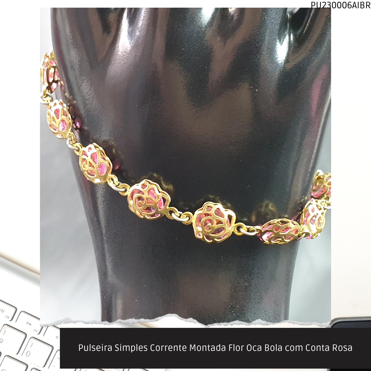Pulseira Simples Corrente Montada Flor Oca Bola com Conta Rosa  - Código.: PU230006AIBR  - Peso.: 6.0 gr