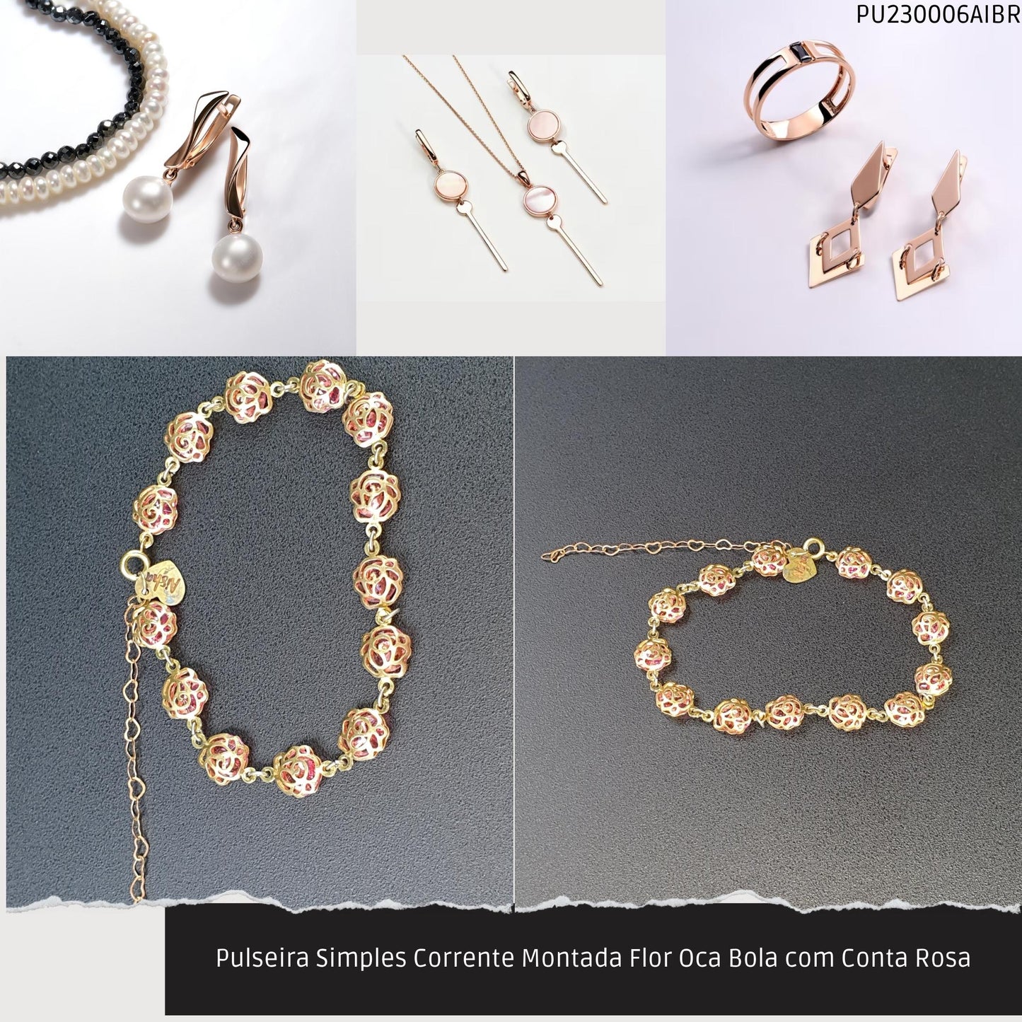 Pulseira Simples Corrente Montada Flor Oca Bola com Conta Rosa  - Código.: PU230006AIBR  - Peso.: 6.0 gr