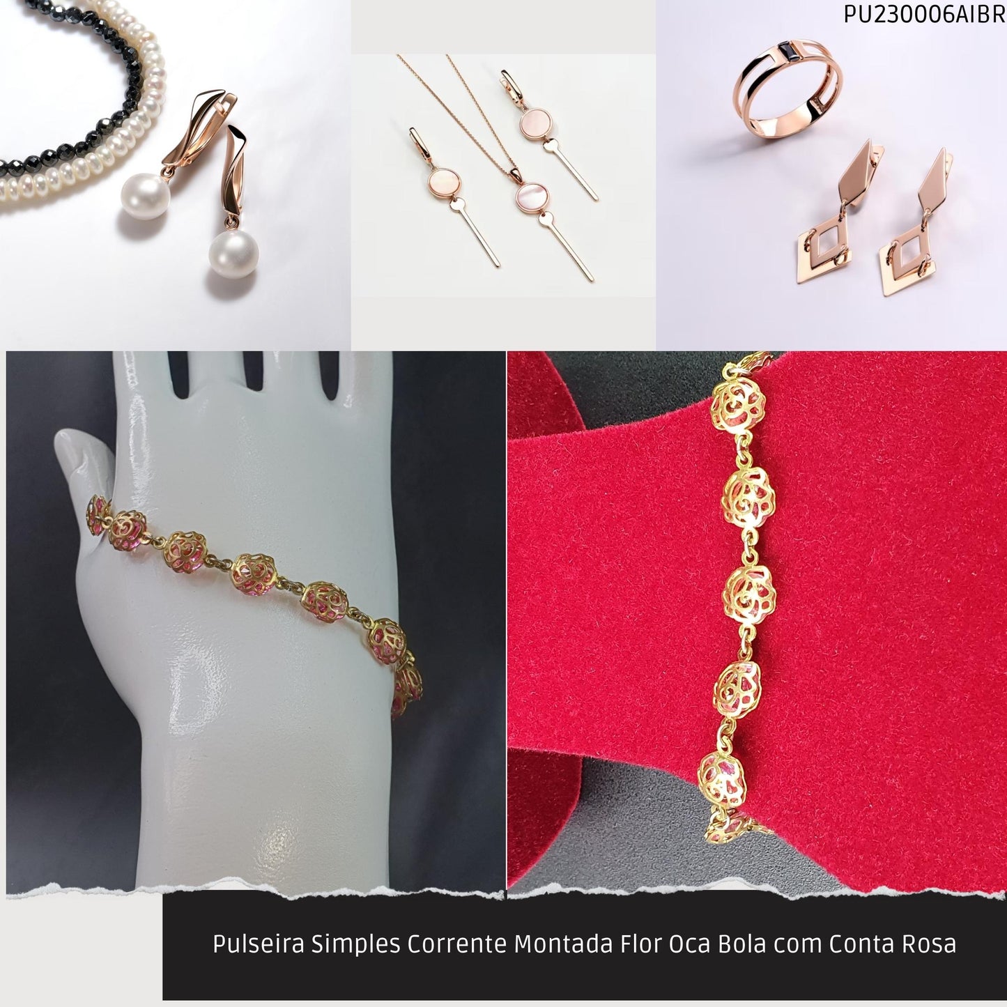 Pulseira Simples Corrente Montada Flor Oca Bola com Conta Rosa  - Código.: PU230006AIBR  - Peso.: 6.0 gr
