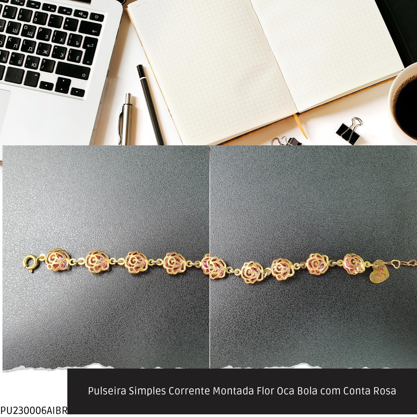 Pulseira Simples Corrente Montada Flor Oca Bola com Conta Rosa  - Código.: PU230006AIBR  - Peso.: 6.0 gr