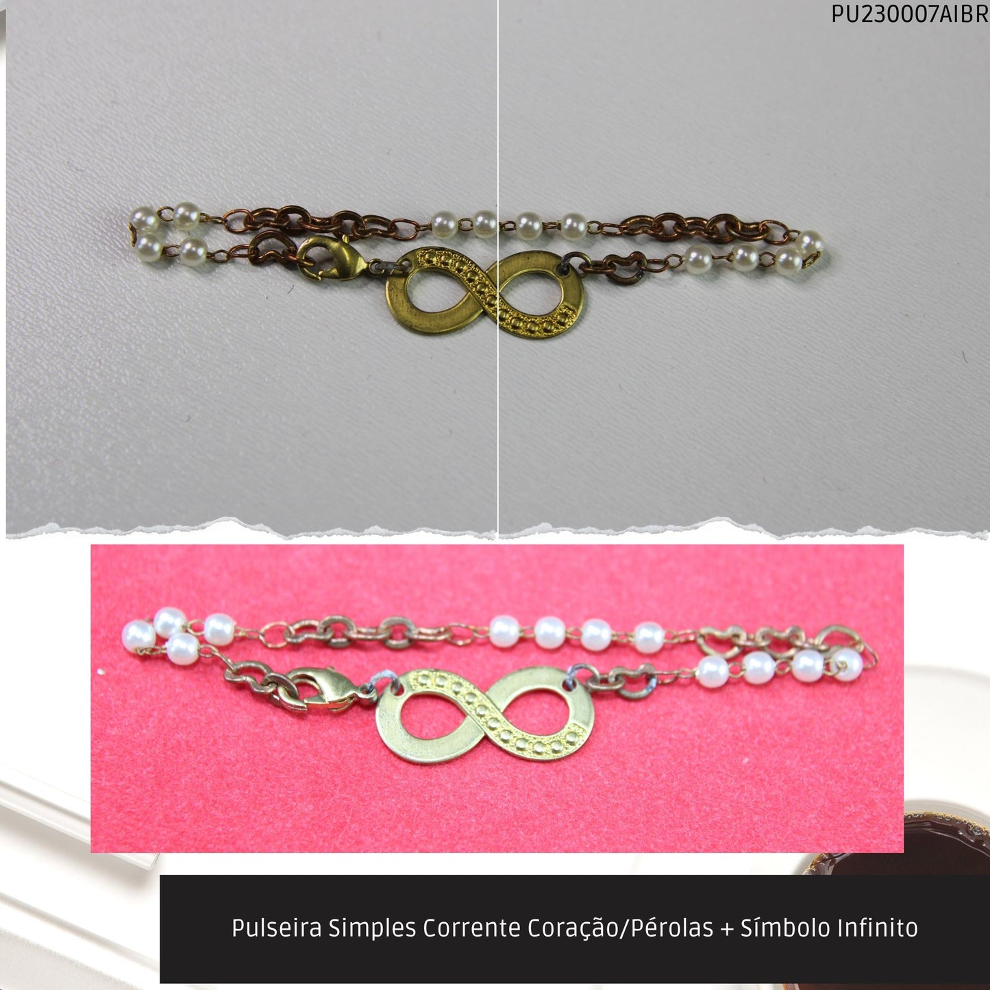 Pulseira Simples Corrente Coração/Pérolas + Símbolo Infinito  - Código.: PU230007AIBR  - Peso.: 2.6 gr