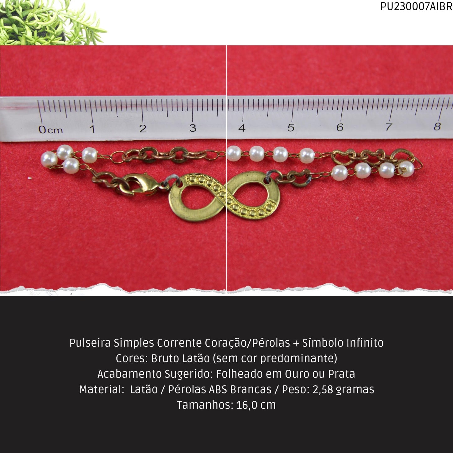 Pulseira Simples Corrente Coração/Pérolas + Símbolo Infinito  - Código.: PU230007AIBR  - Peso.: 2.6 gr