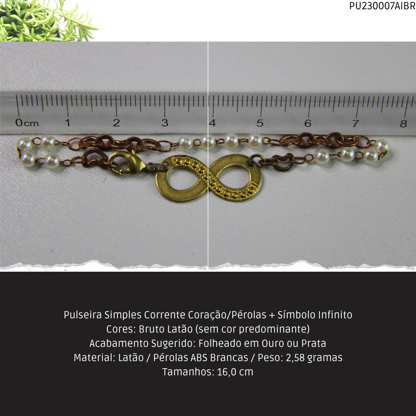 Pulseira Simples Corrente Coração/Pérolas + Símbolo Infinito  - Código.: PU230007AIBR  - Peso.: 2.6 gr