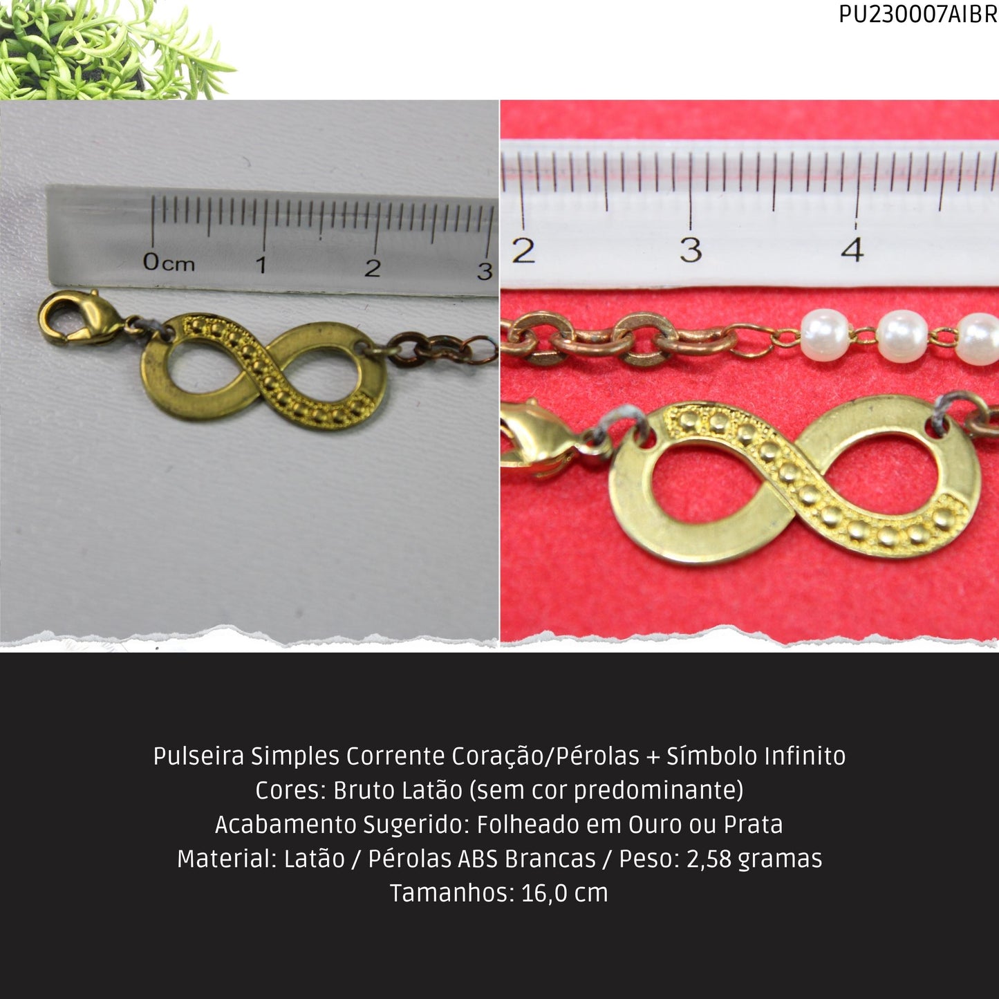 Pulseira Simples Corrente Coração/Pérolas + Símbolo Infinito  - Código.: PU230007AIBR  - Peso.: 2.6 gr