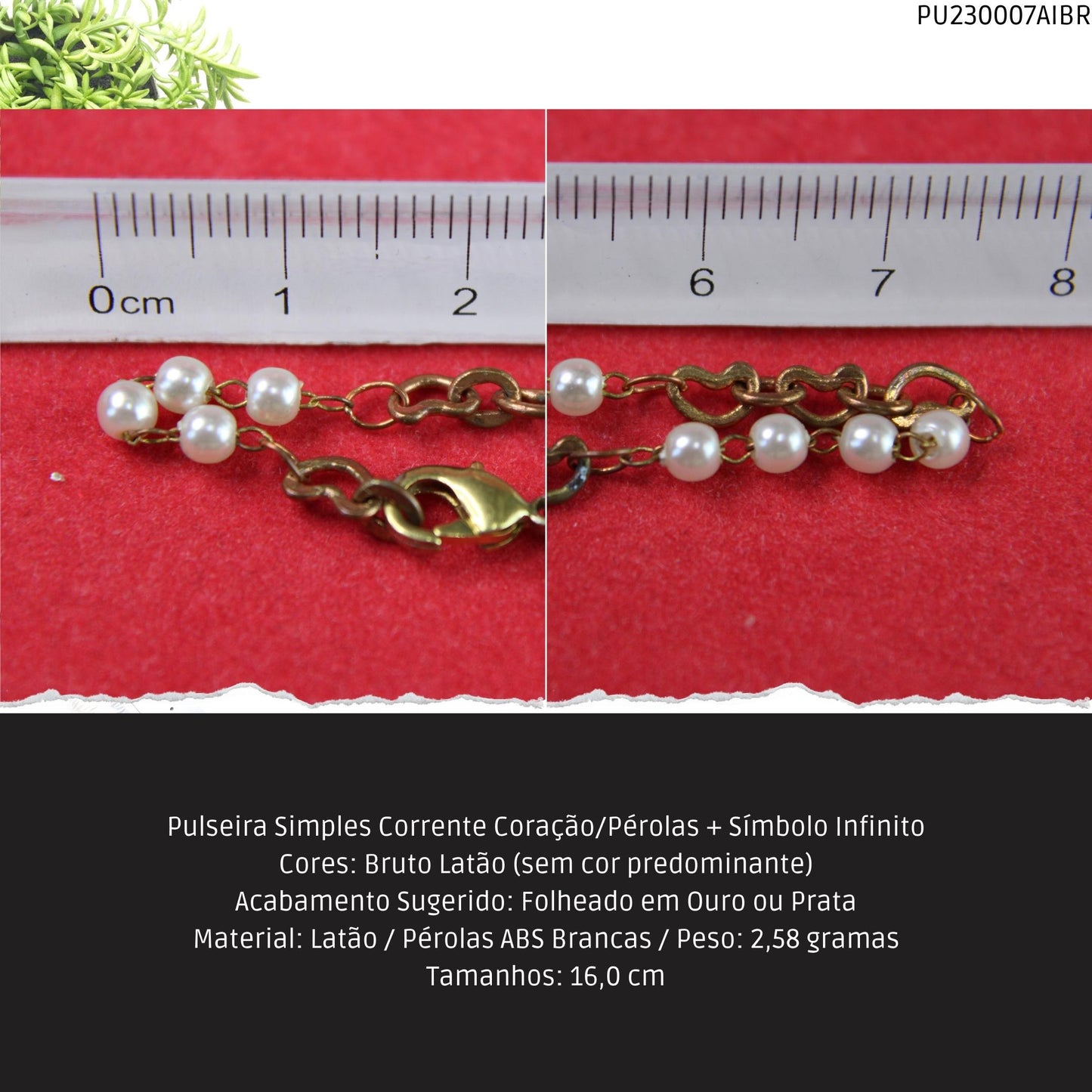 Pulseira Simples Corrente Coração/Pérolas + Símbolo Infinito  - Código.: PU230007AIBR  - Peso.: 2.6 gr